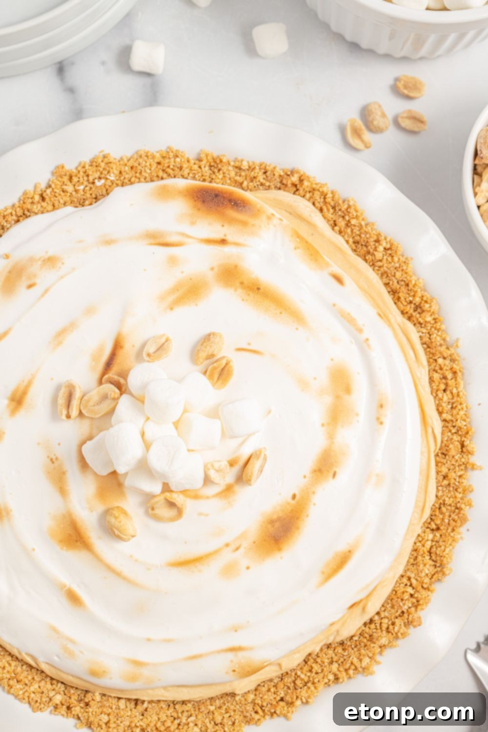Best peanut butter pie overhead shot, showing the complete pie