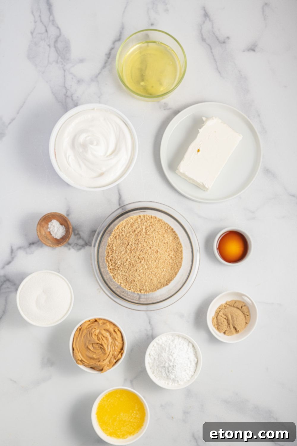 Ingredients for Fluffernutter Pie laid out in bowls
