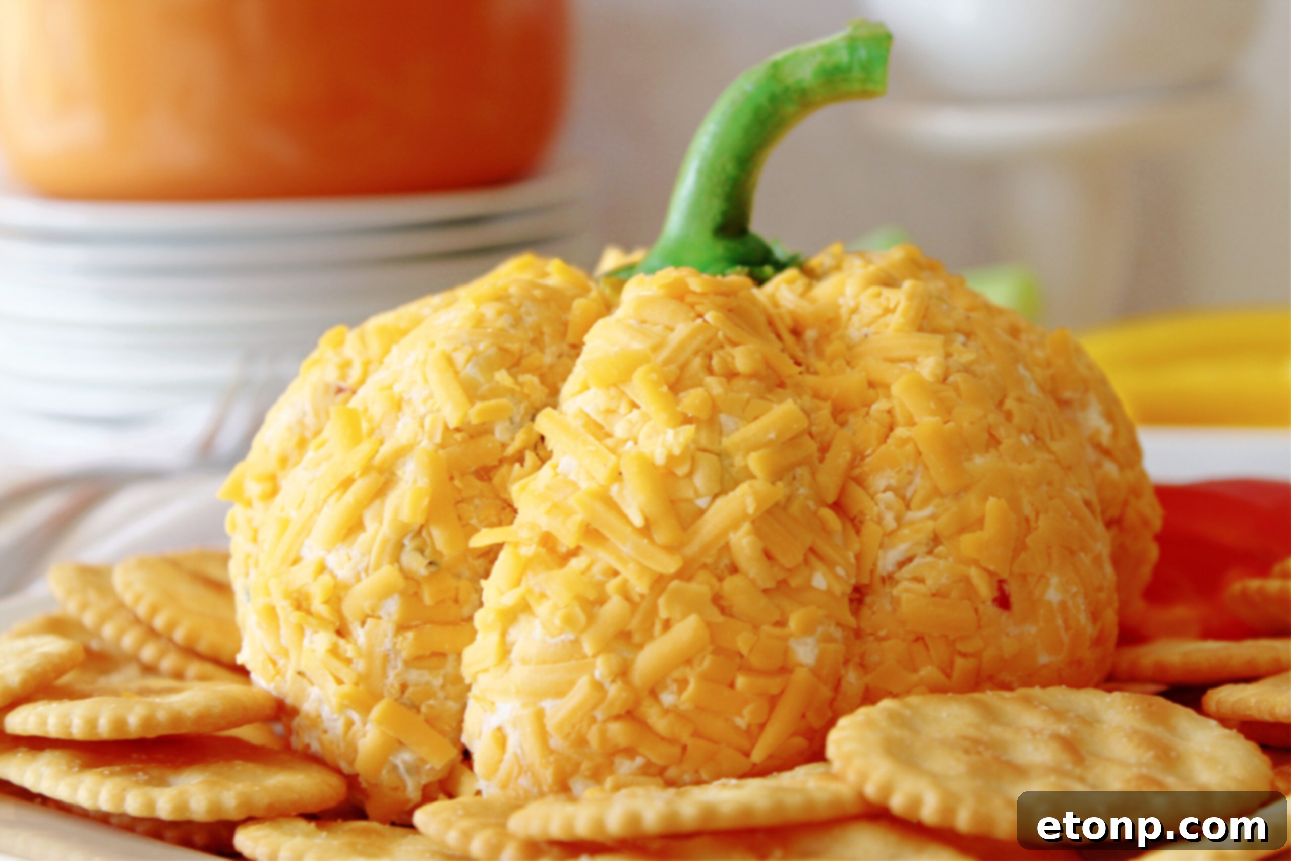 pumpkin cheeseball on a white plate with sliced peppers and crackers 