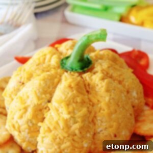Pumpkin Shaped Cheeseball on platter with veggies and crackers around it