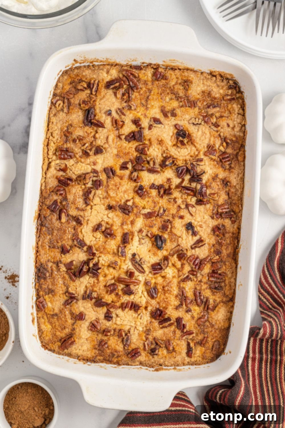 Pumpkin Streusel Cobbler 13 dump cake in pan on table