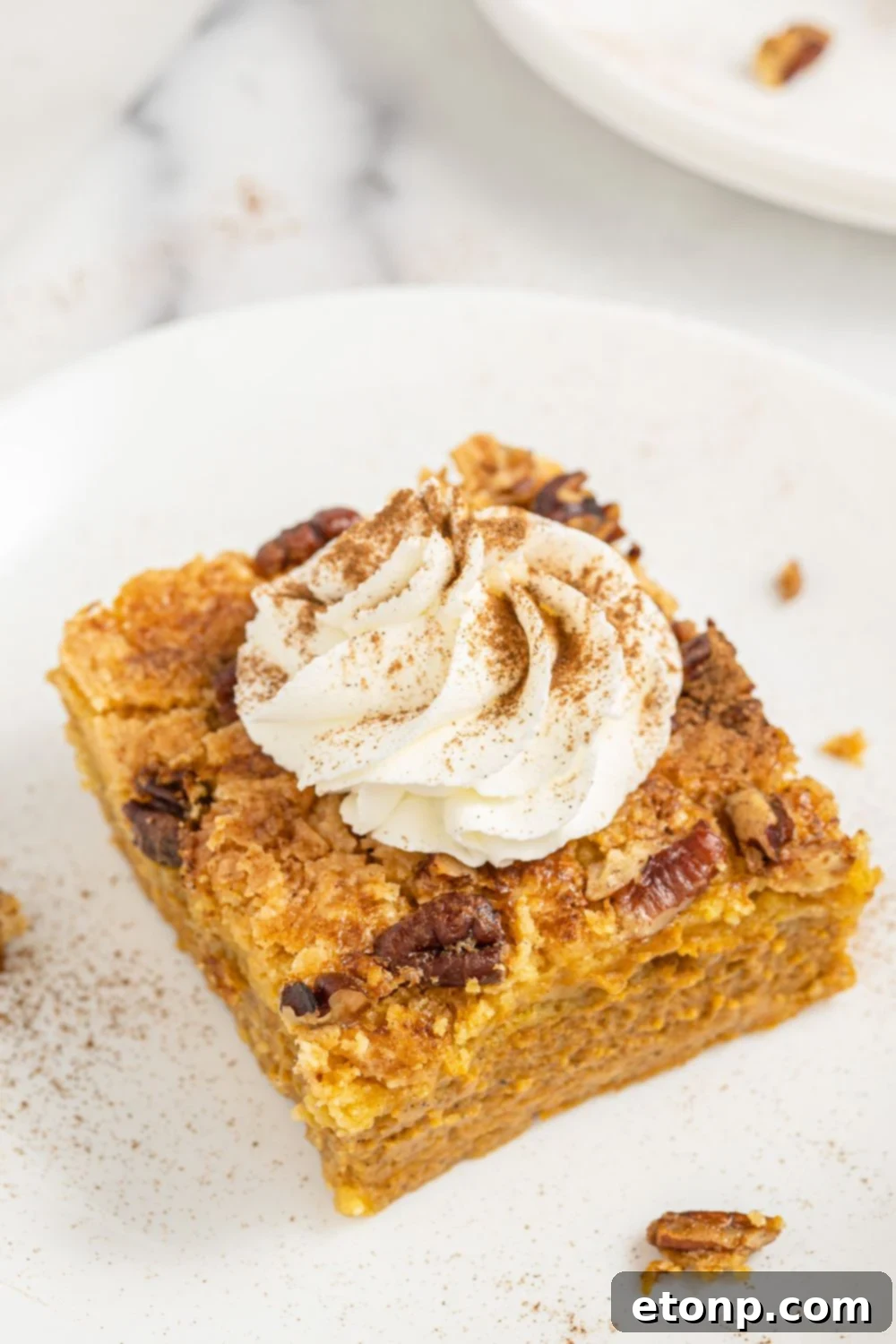 Pumpkin Streusel Cobbler 18 pumpkin pie cake on plate with whipped cream on top
