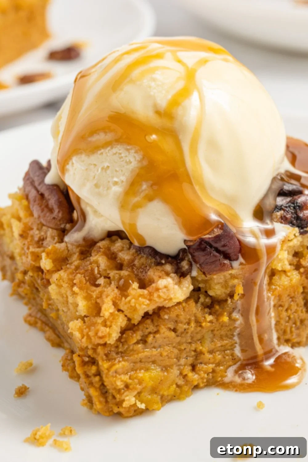 Pumpkin Streusel Cobbler 20 slice of cake on plate with ice cream and caramel sauce drizzle on top