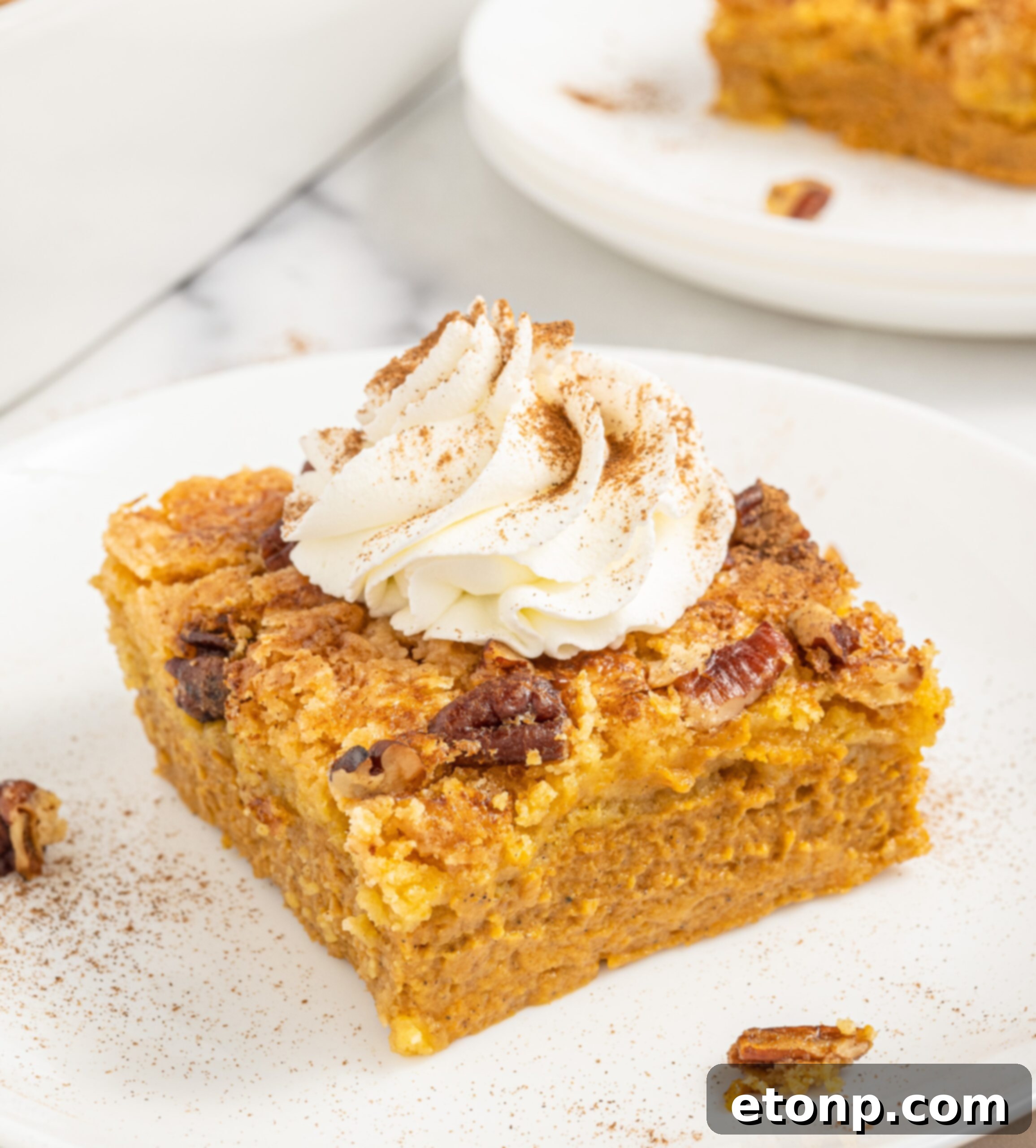 Pumpkin Streusel Cobbler 3 Pumpkin Dump Cake on a white plate with a dollop of whipped cream on top