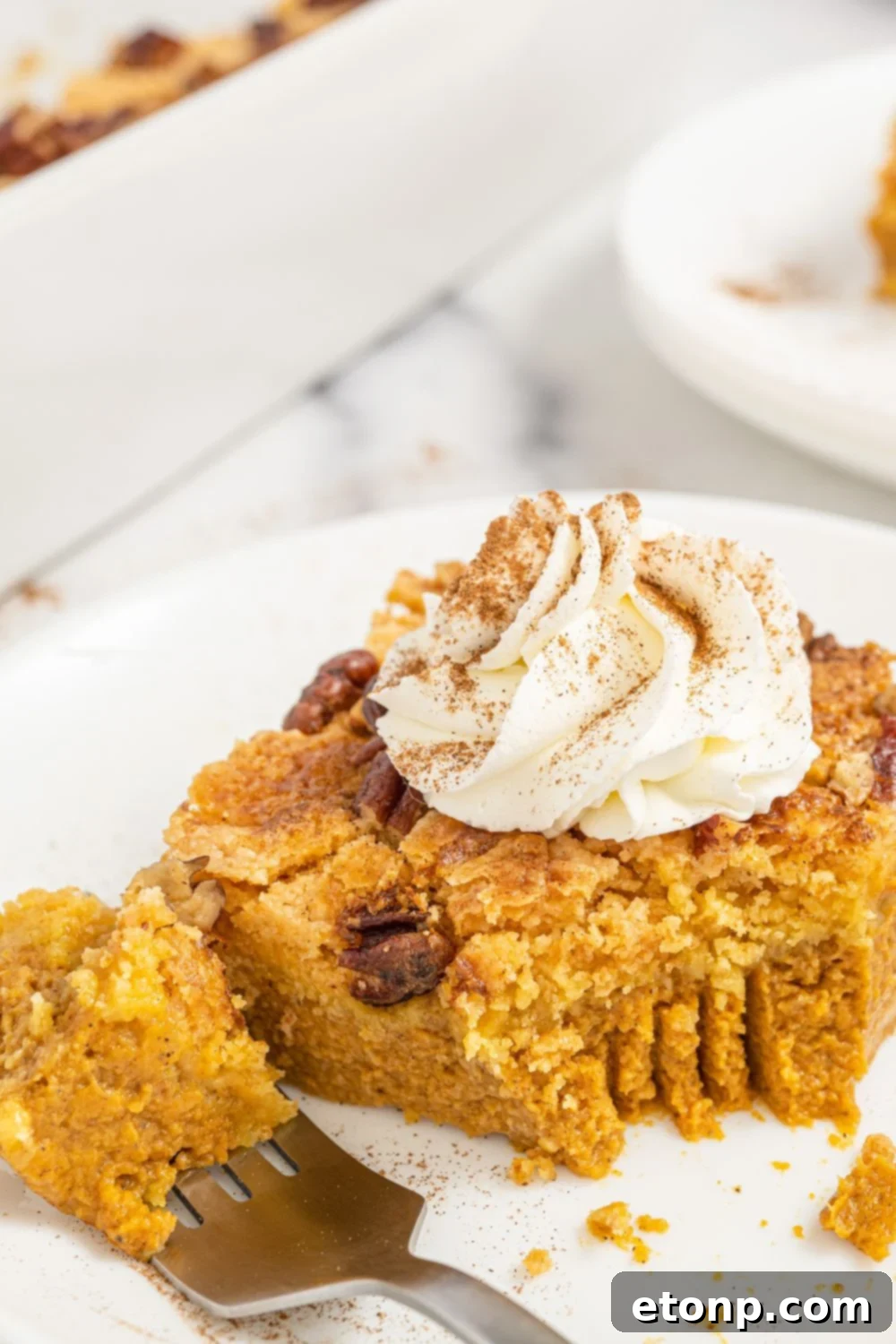 Pumpkin Streusel Cobbler 21 bite taken out of cake on plate