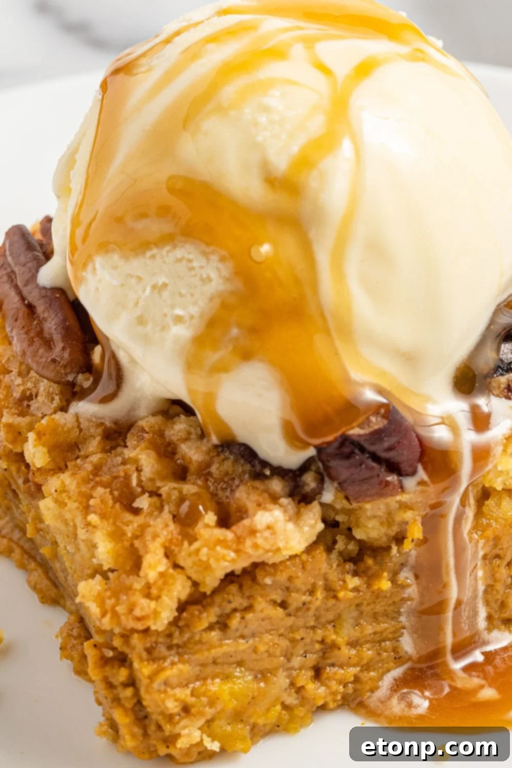 Pumpkin Streusel Cobbler 24 close up side view of pumpkin pie cake with ice cream on top