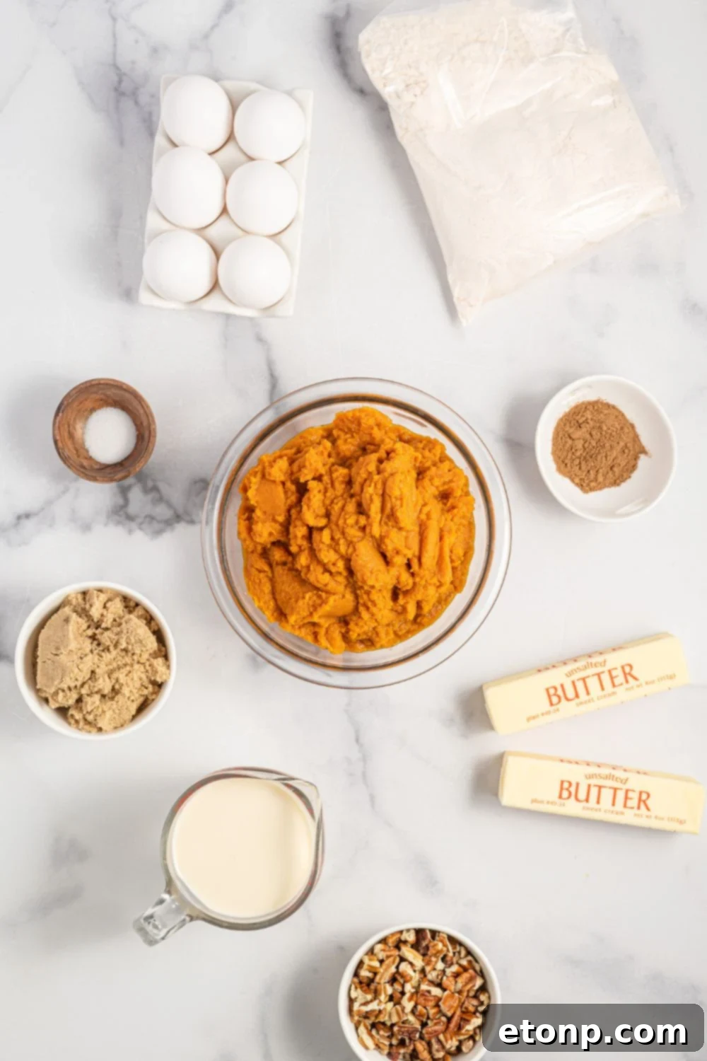 Pumpkin Streusel Cobbler 6 Pumpkin Dump Cake ingredients on marble counter top