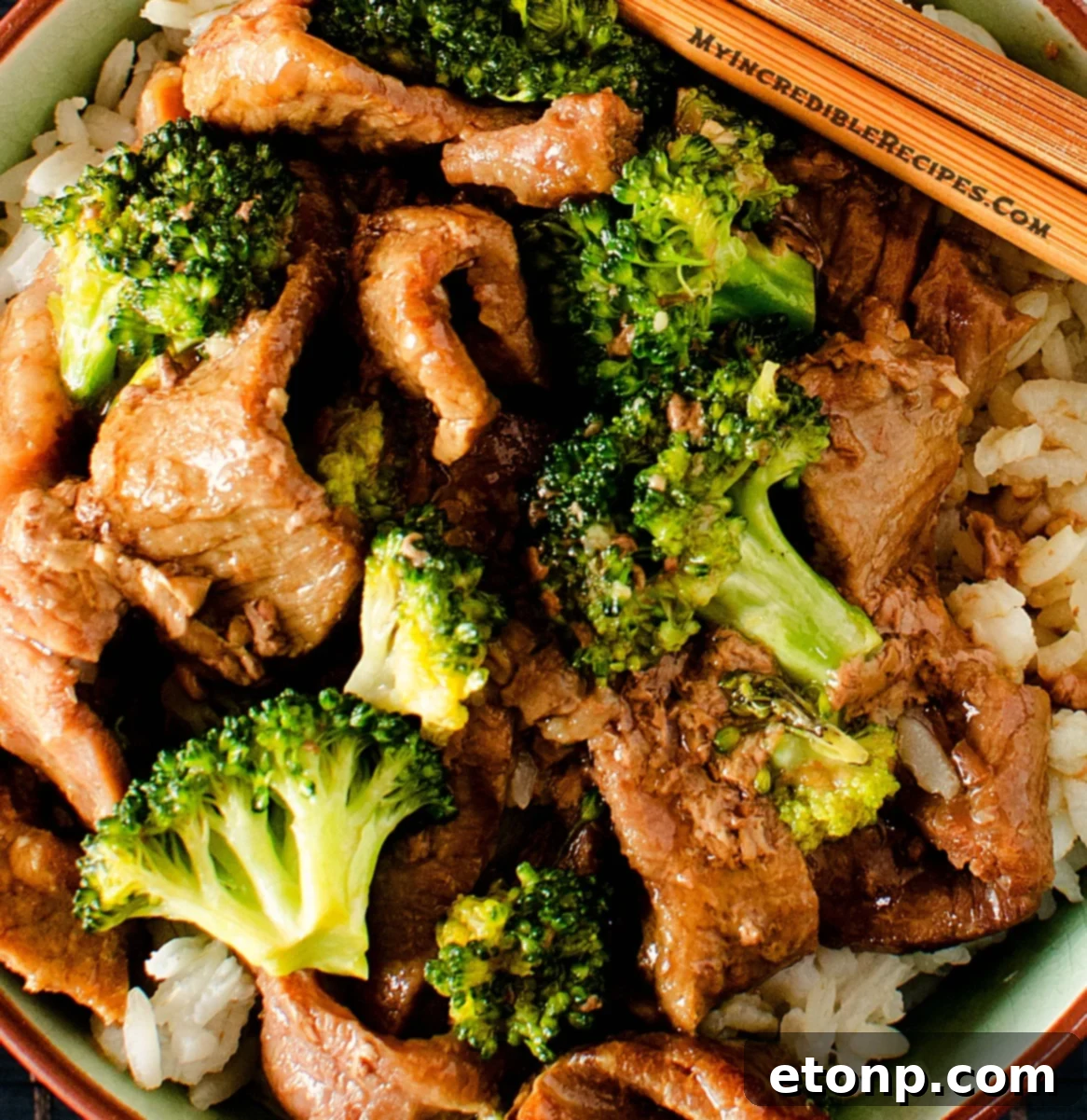 Close-up of beef and broccoli ready to be served