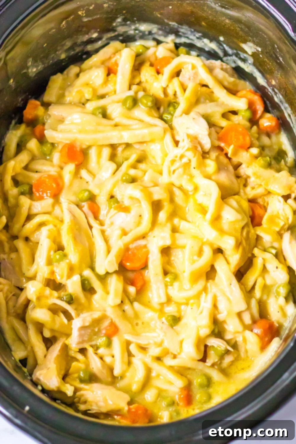 overhead shot of chicken and noodles in a slow cooker on table