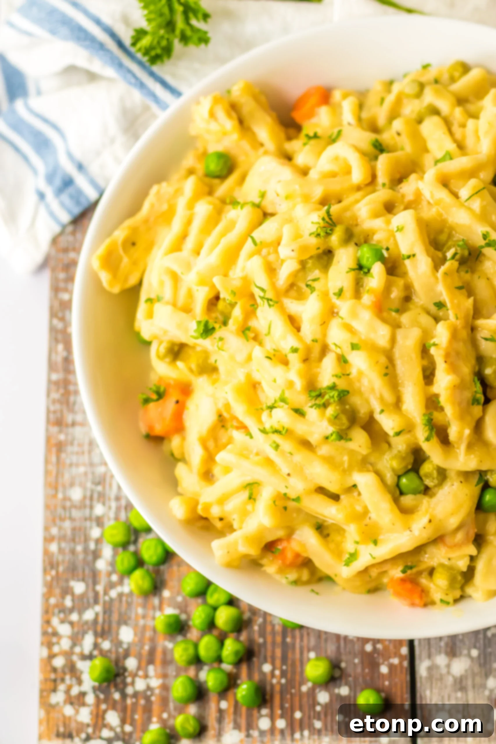 Crockpot Chicken & Noodles in a white bowl