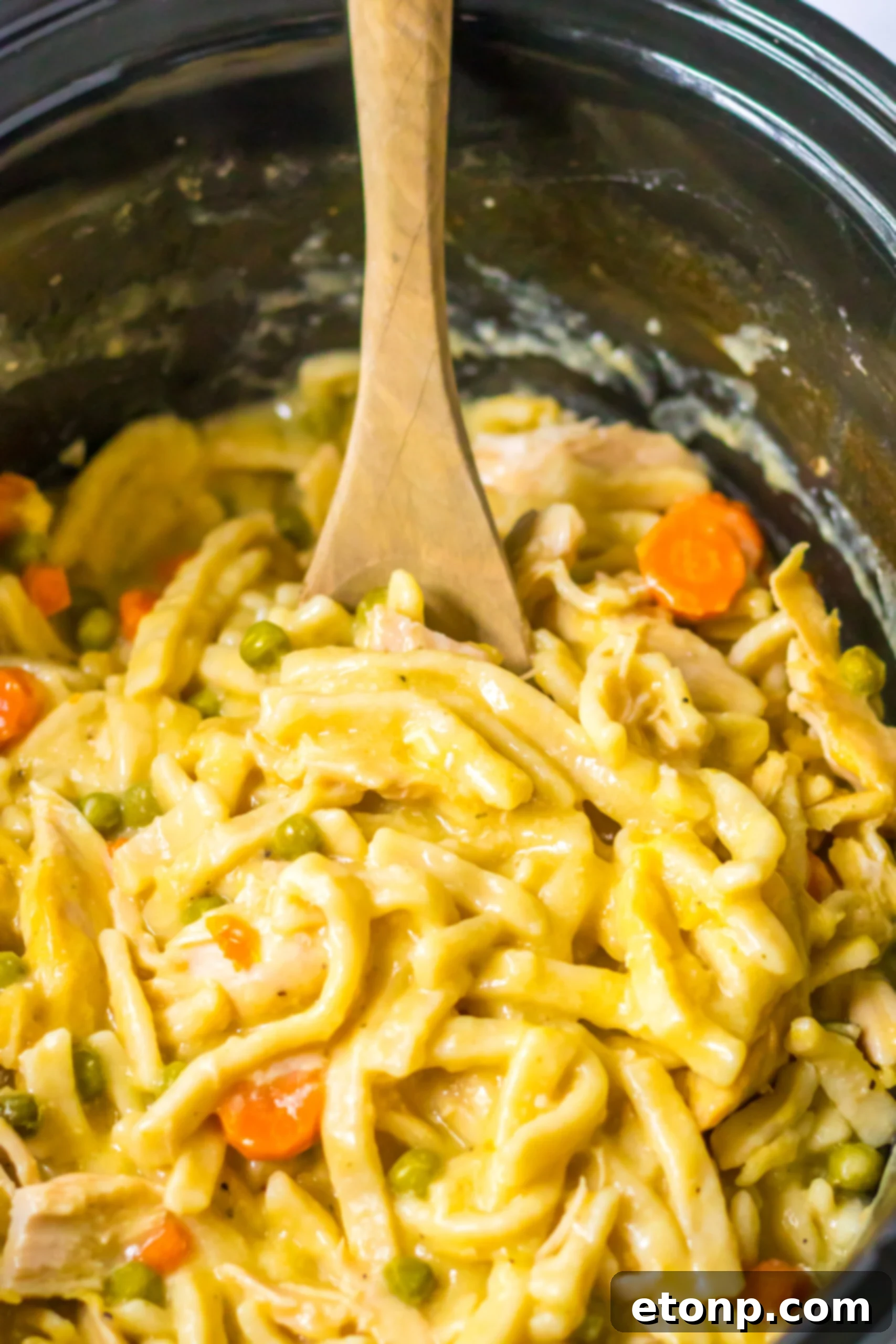 Crockpot Chicken & Noodles in a black crockpot