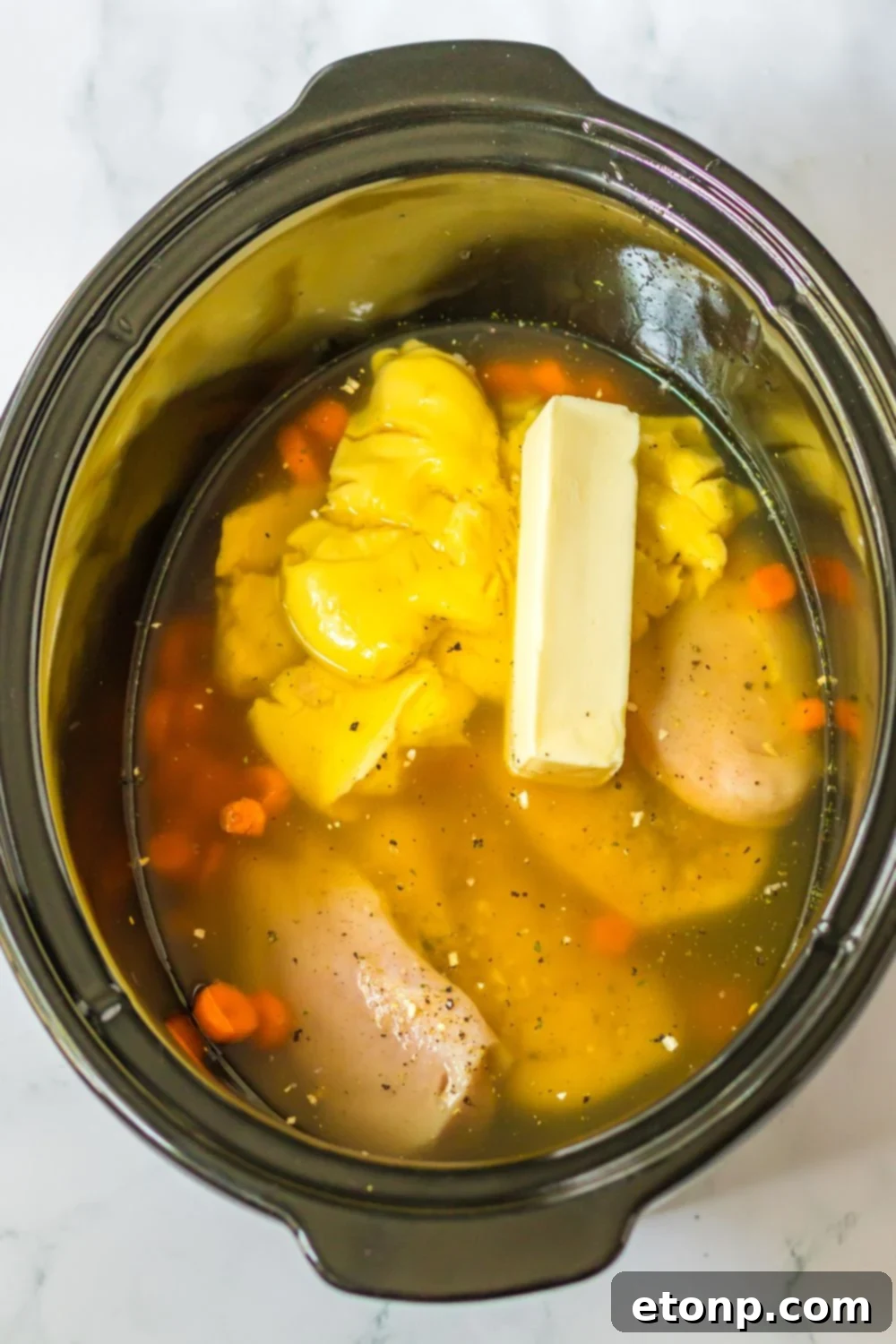 crockpot chicken noodle soup in a crockpot