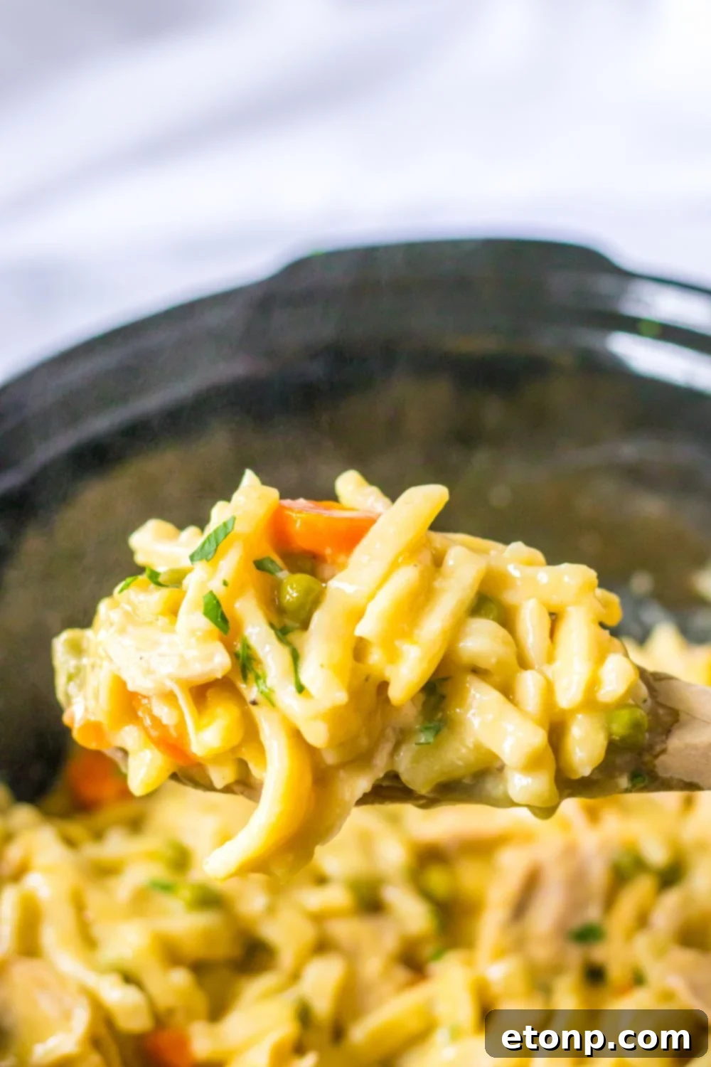 chicken and noodles on a wooden spoon above crockpot