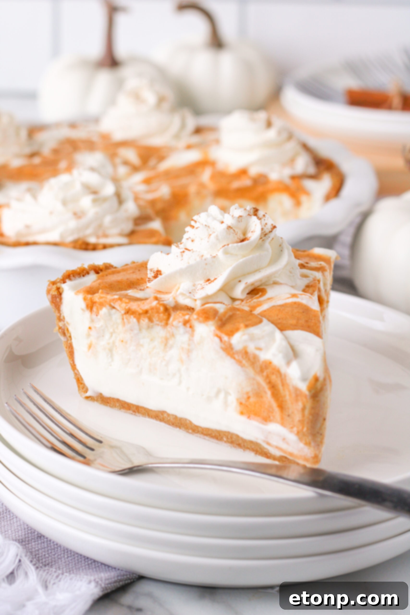 A beautifully presented slice of Pumpkin Ice Cream Pie on a pristine white plate, showcasing its creamy texture and distinct layers.