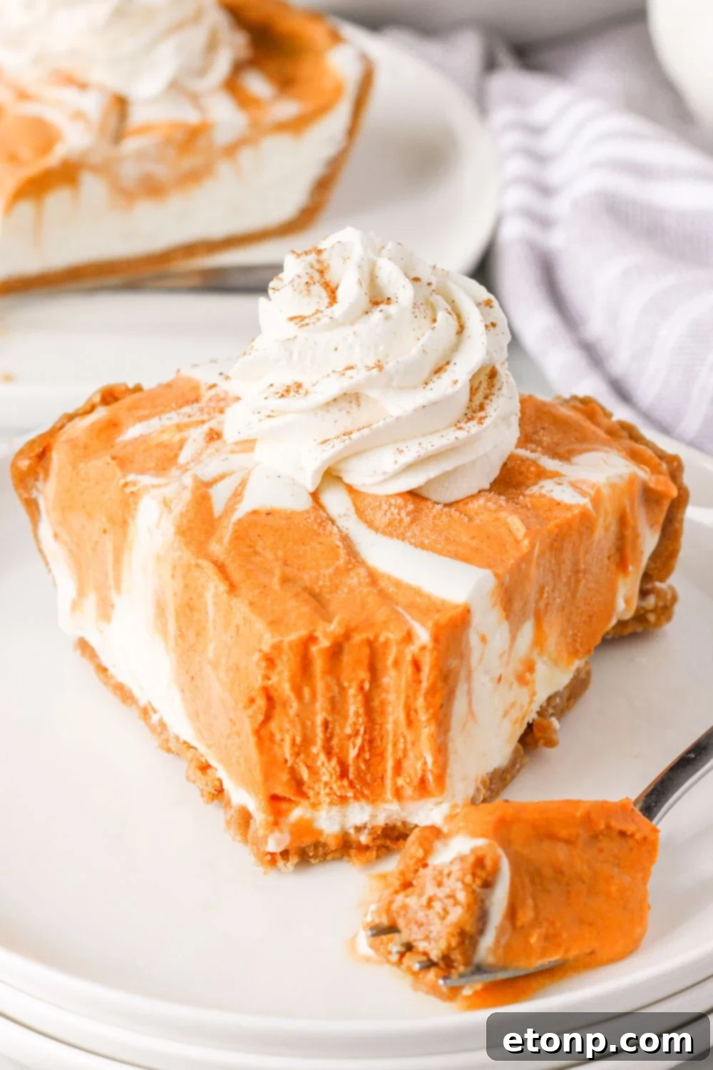 A delightful presentation of no-churn pumpkin pie ice cream, with a beautiful slice on a plate, ready to be enjoyed.