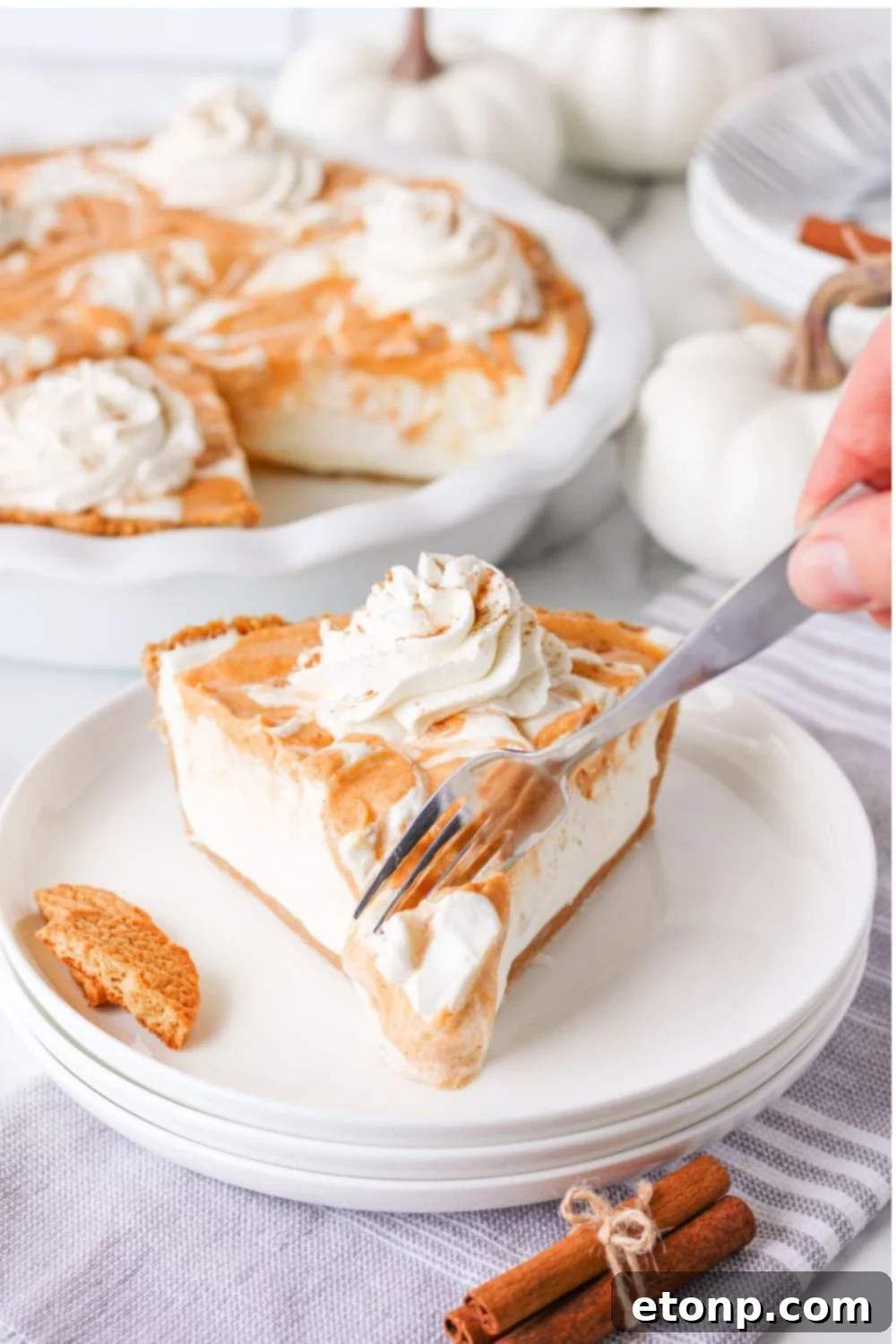 A pristine and inviting slice of pumpkin ice cream pie, showcasing its perfect layers and smooth texture.