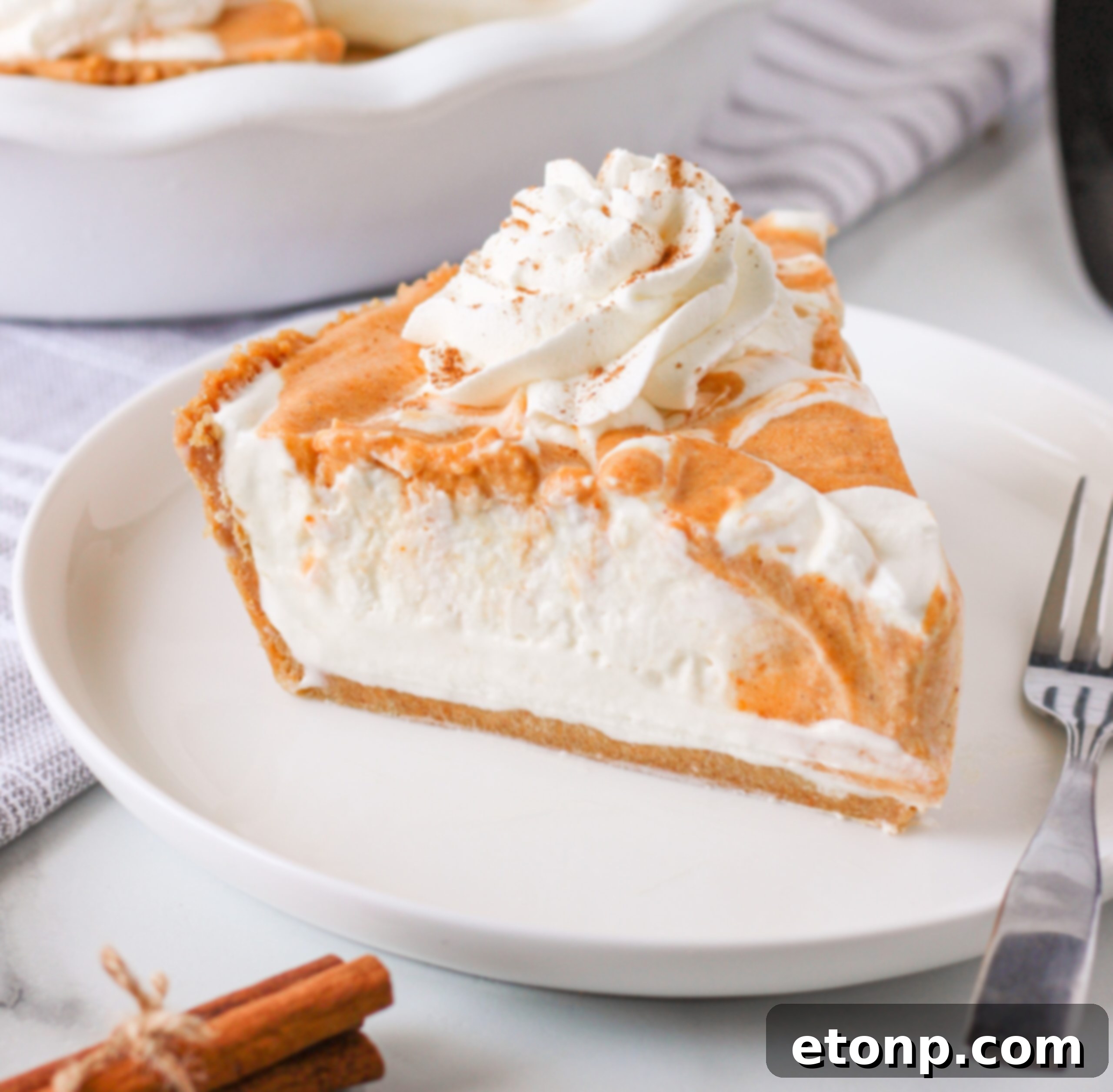 A perfectly presented slice of Pumpkin Ice Cream Pie on a pristine white plate, elegantly topped with a swirl of fresh whipped cream.