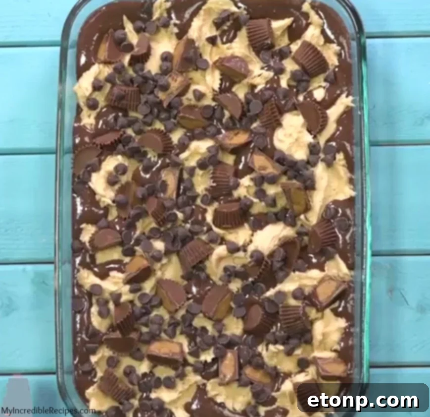 Close-up of a delectable slice of Peanut Butter Earthquake Cake with a scoop of vanilla ice cream