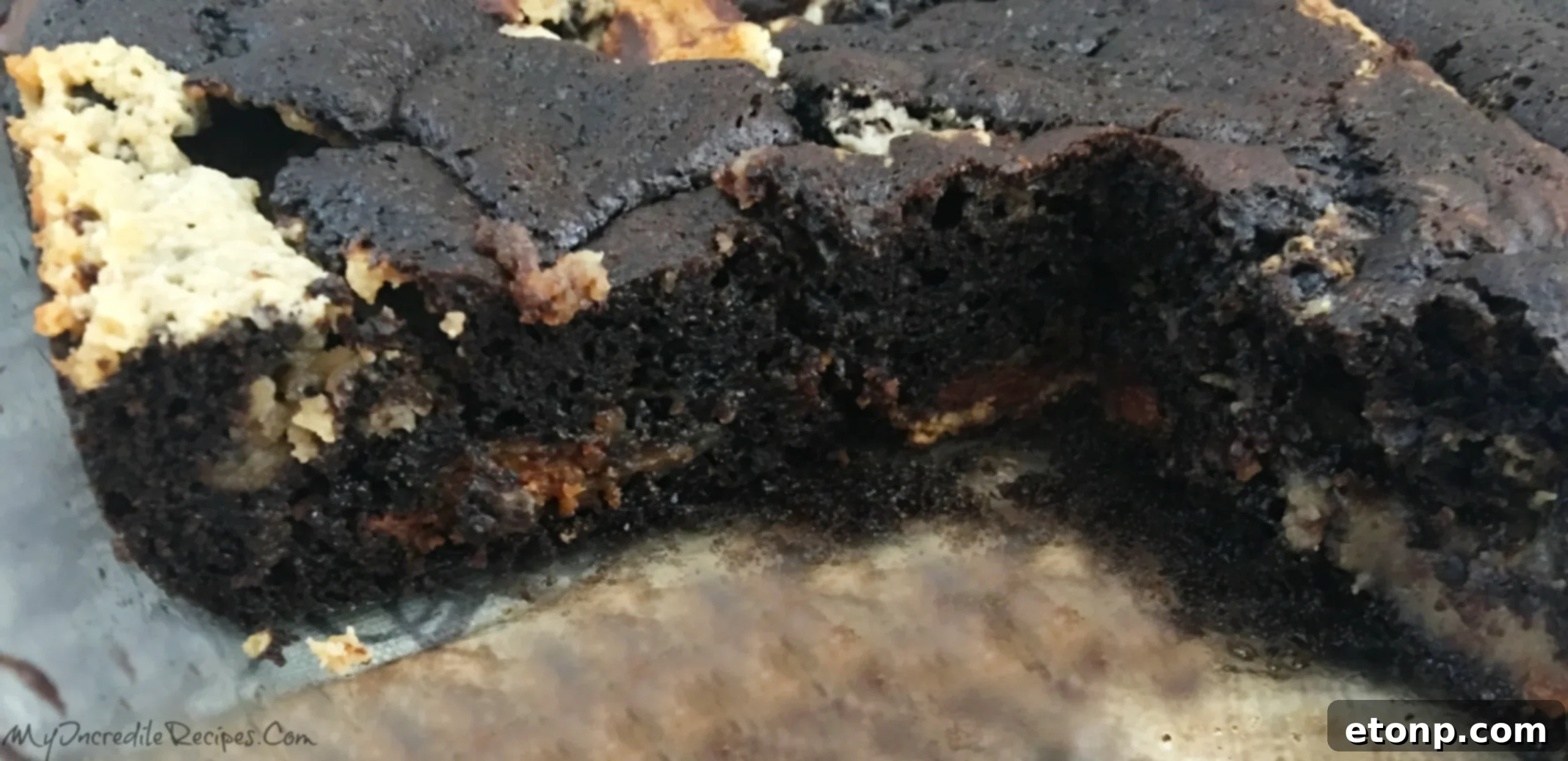 The fully baked Peanut Butter Earthquake Cake, removed from the oven and cooling slightly