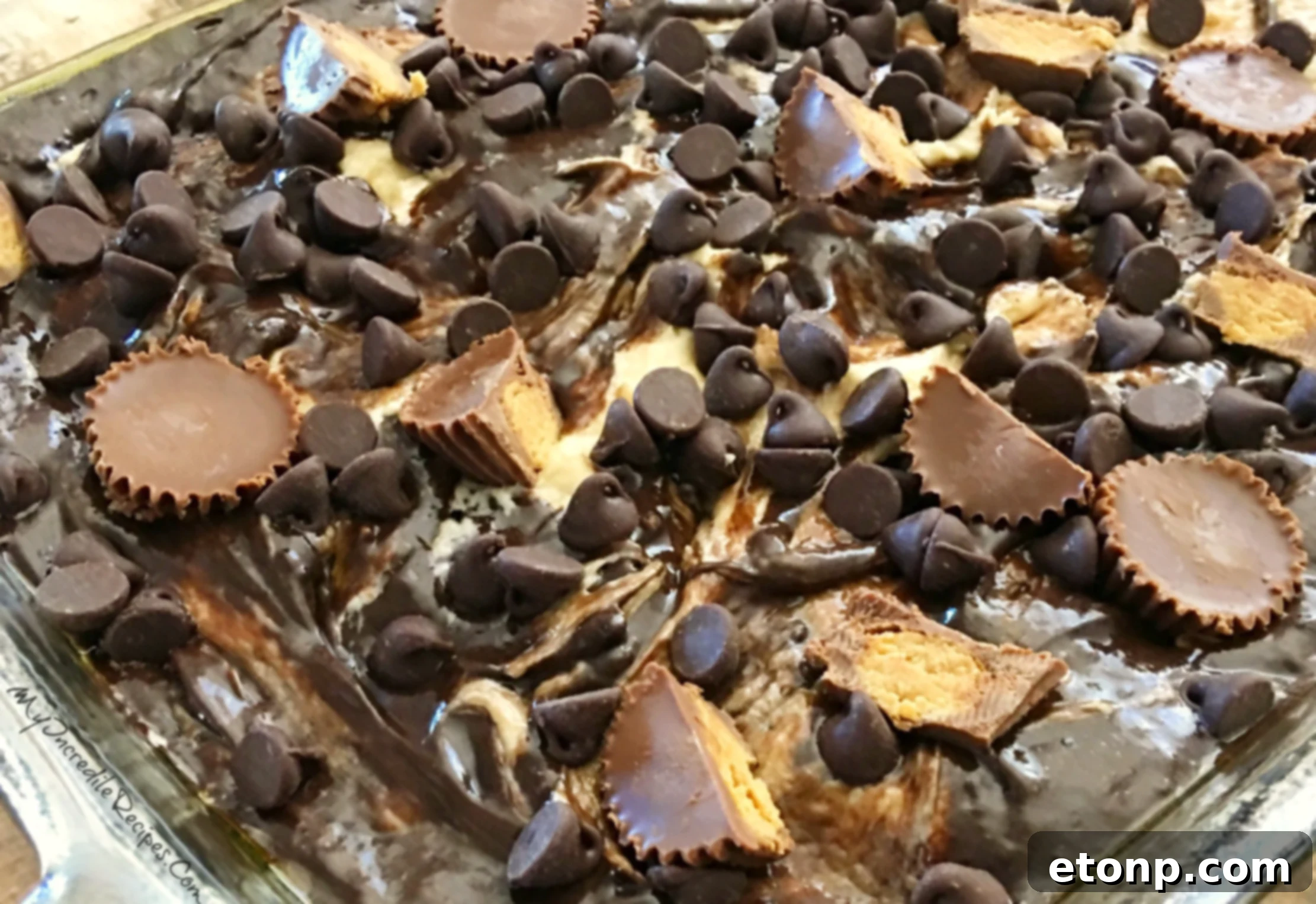 Peanut Butter Earthquake Cake baked in a 9x13 pan, showing the signature collapsed texture with peanut butter swirls and Reese's cups