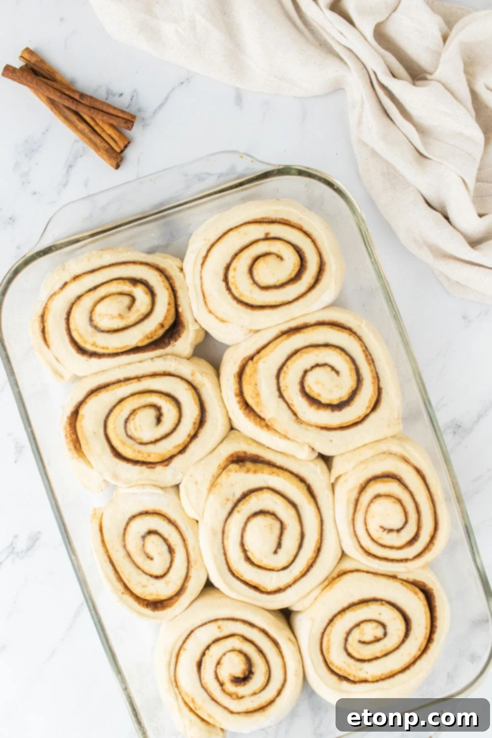 Unbaked cinnamon roll dough placed in a baking pan, ready to rise