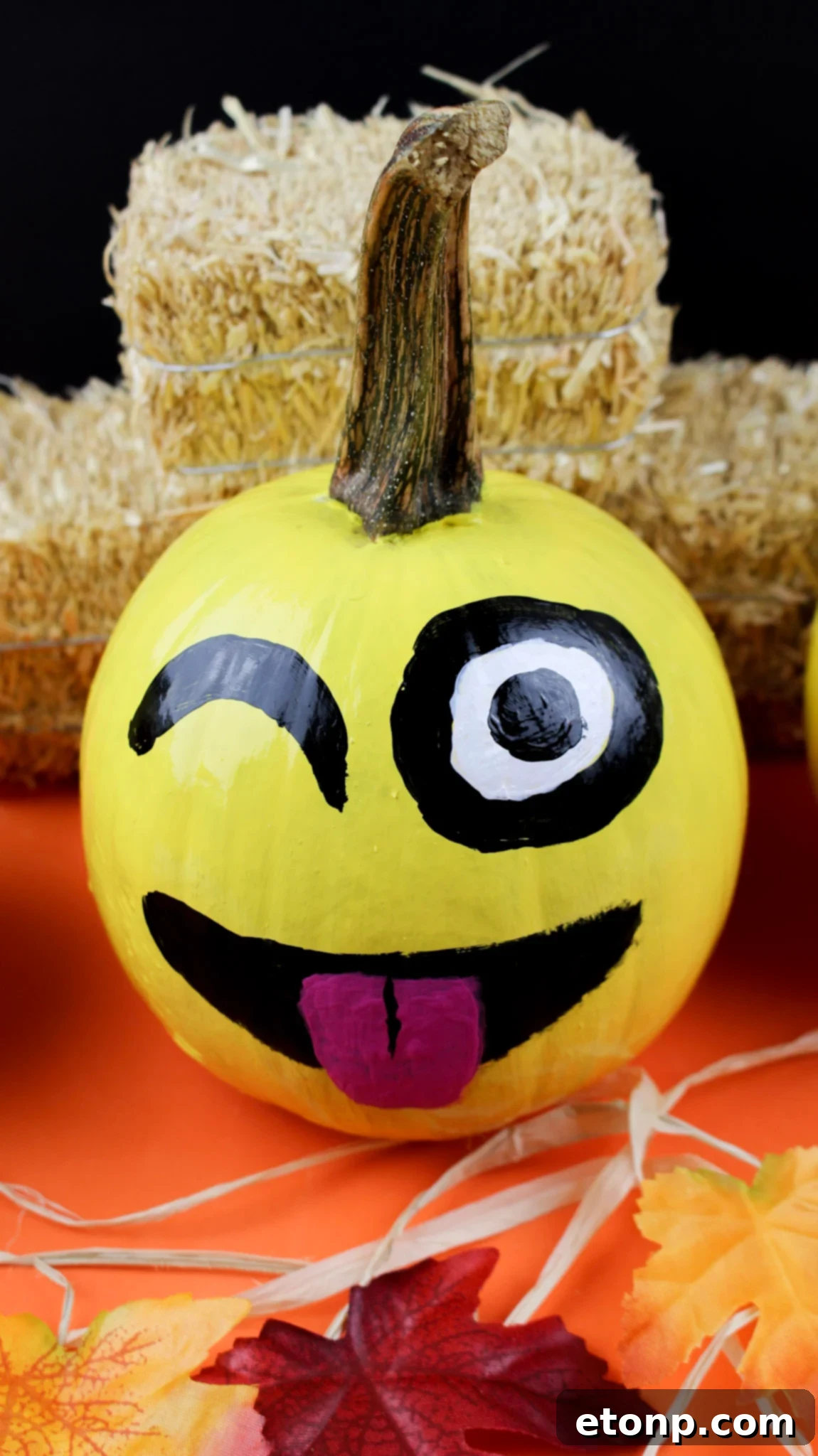 A close-up of the 'cool' emoji pumpkin with black sunglasses and a slight smirk, ready for Fall display.