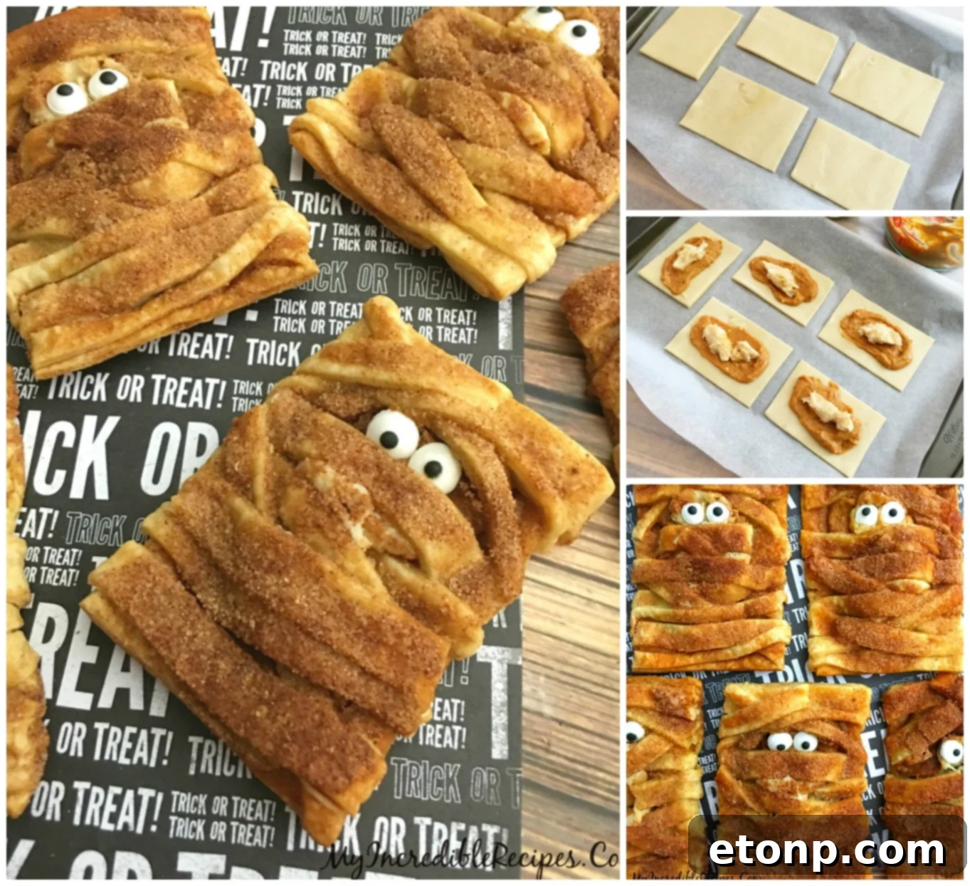 Full spread of pumpkin cheesecake mummy hand pies, perfect for sharing on social media.