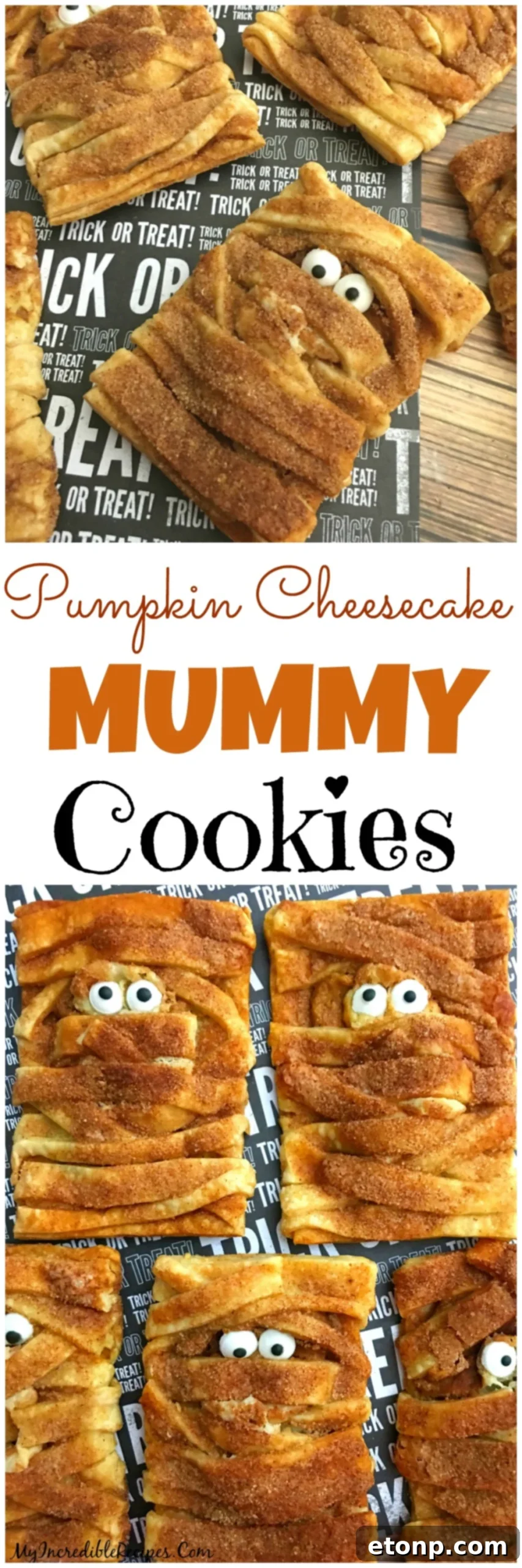 Pinterest optimized image for pumpkin cheesecake mummy hand pies, encouraging sharing.