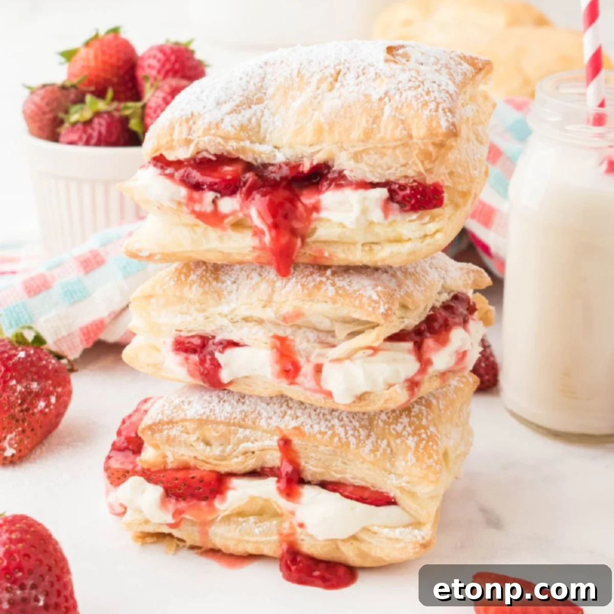 Stacked Strawberry Flaky Puffs with a dusting of powdered sugar on a white plate, showcasing their delicate layers and vibrant filling.