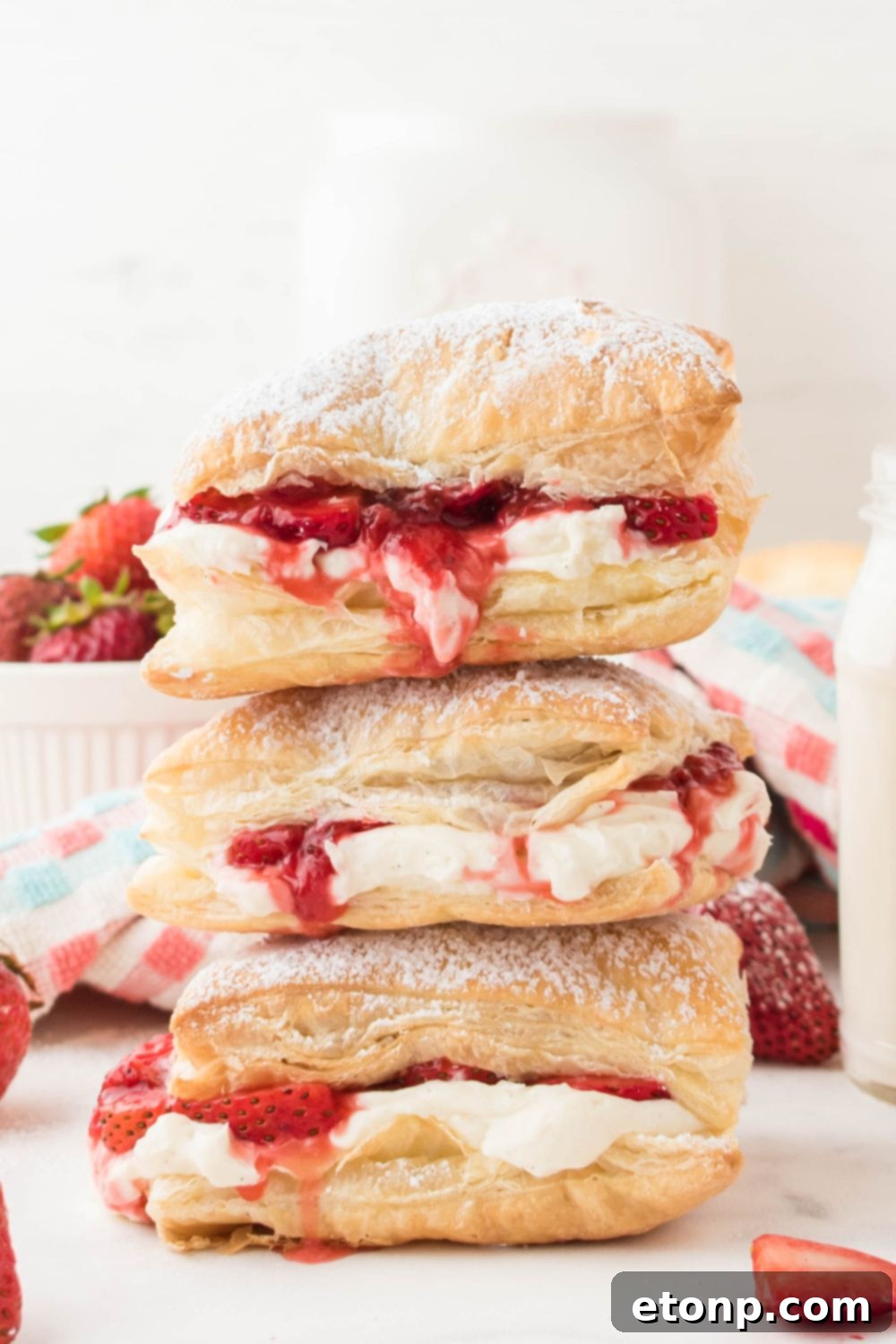 A tower of Strawberry Flaky Puffs elegantly stacked, surrounded by fresh berries, creating an enticing dessert display.