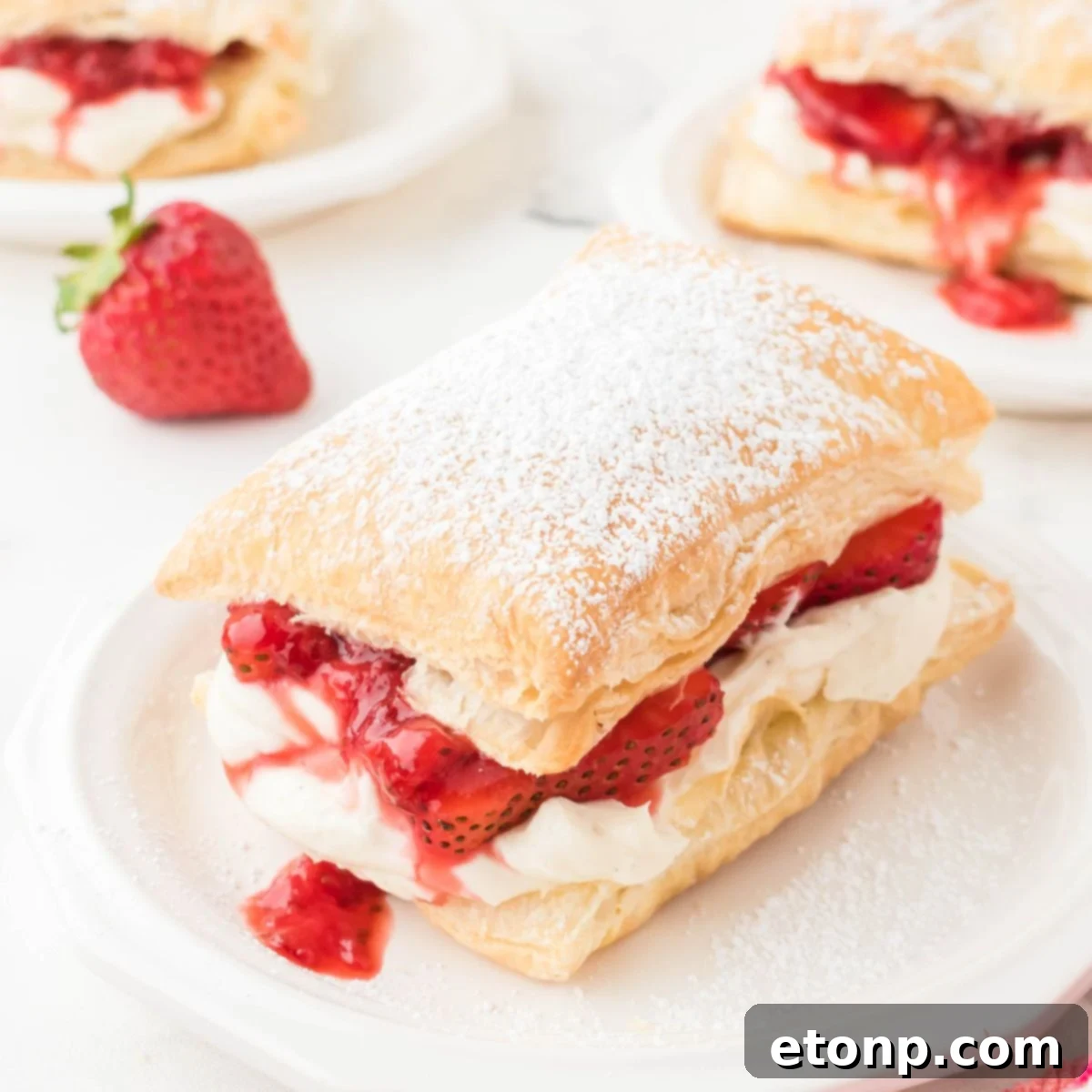 Close-up of a single Strawberry Flaky Puff on a plate, highlighting its golden pastry and inviting strawberry and cream cheese layers.