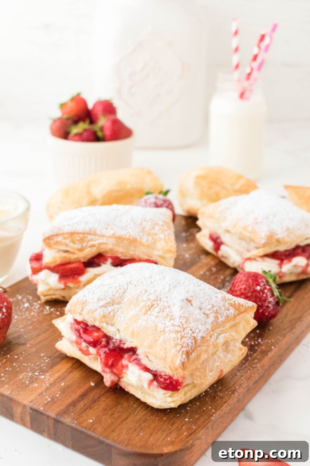 A single strawberry puff pastry dessert artfully placed on a rustic wooden cutting board, highlighting its homemade appeal.