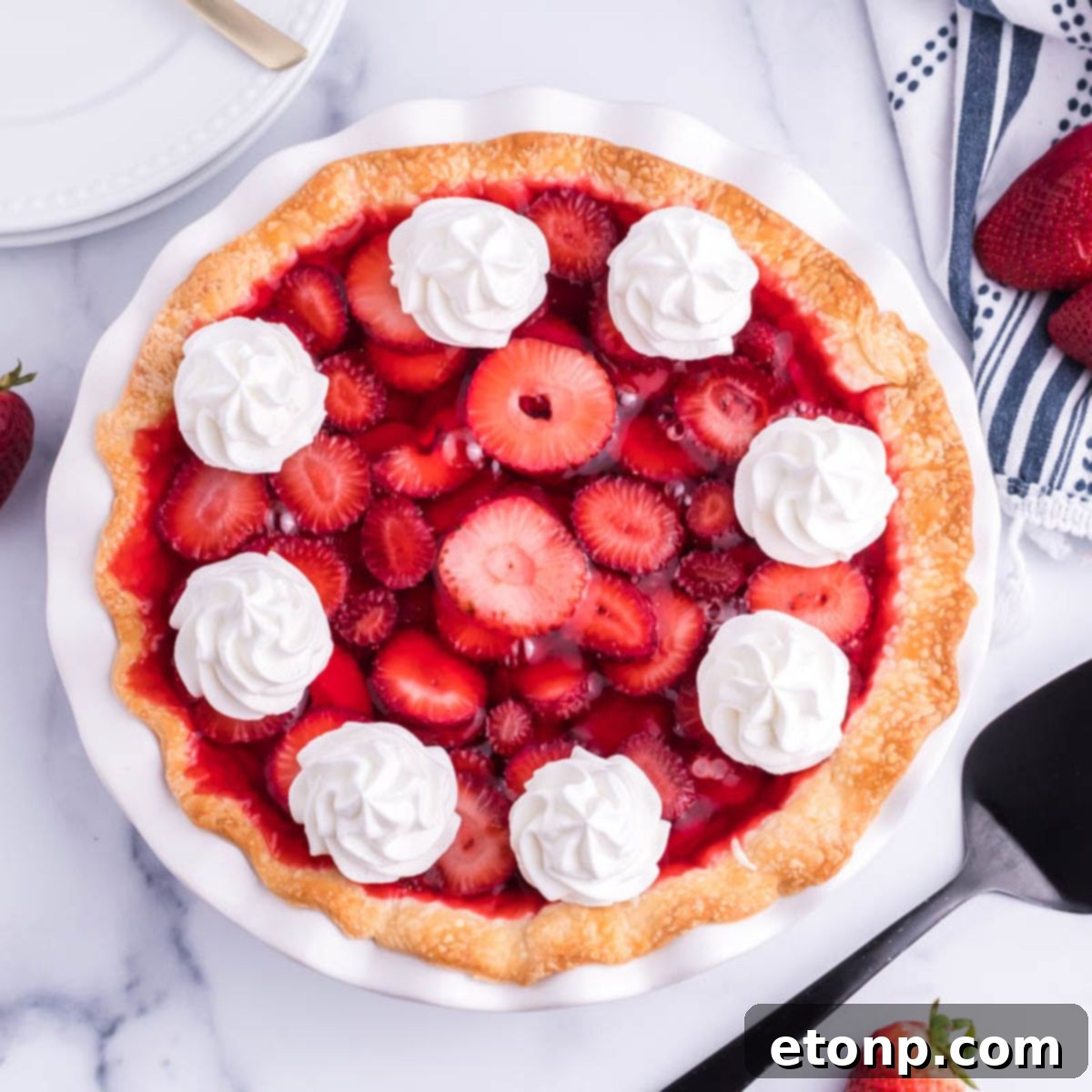Strawberry Cream Cheese Pie  overhead shot of pie in plate