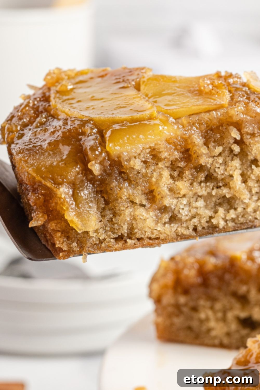 slice of cake on spatula above the baking pan 