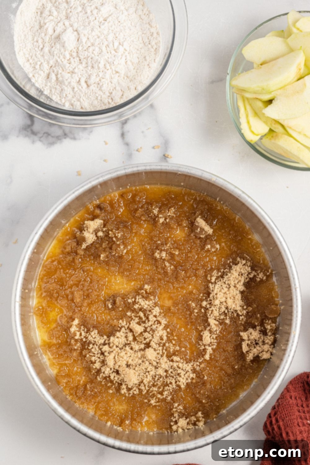 metled butter and brown sugar in pan