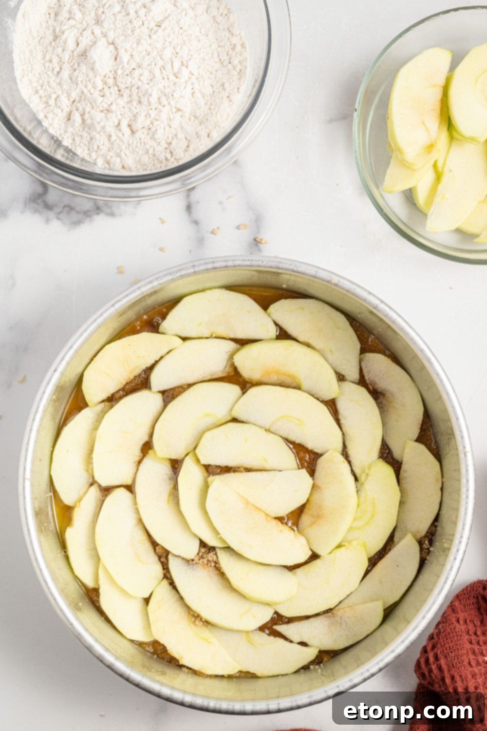 sliced apples in a cake pan on counter 