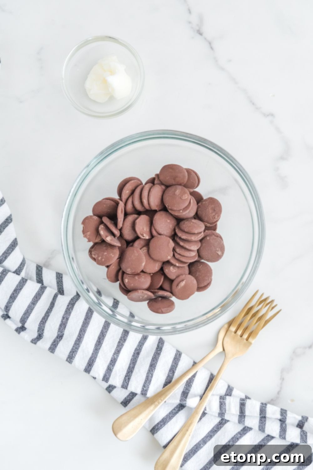 Fudgy Cherry Chocolate Bombs 11 chocolate wafers in a bowl with forks on side of counter