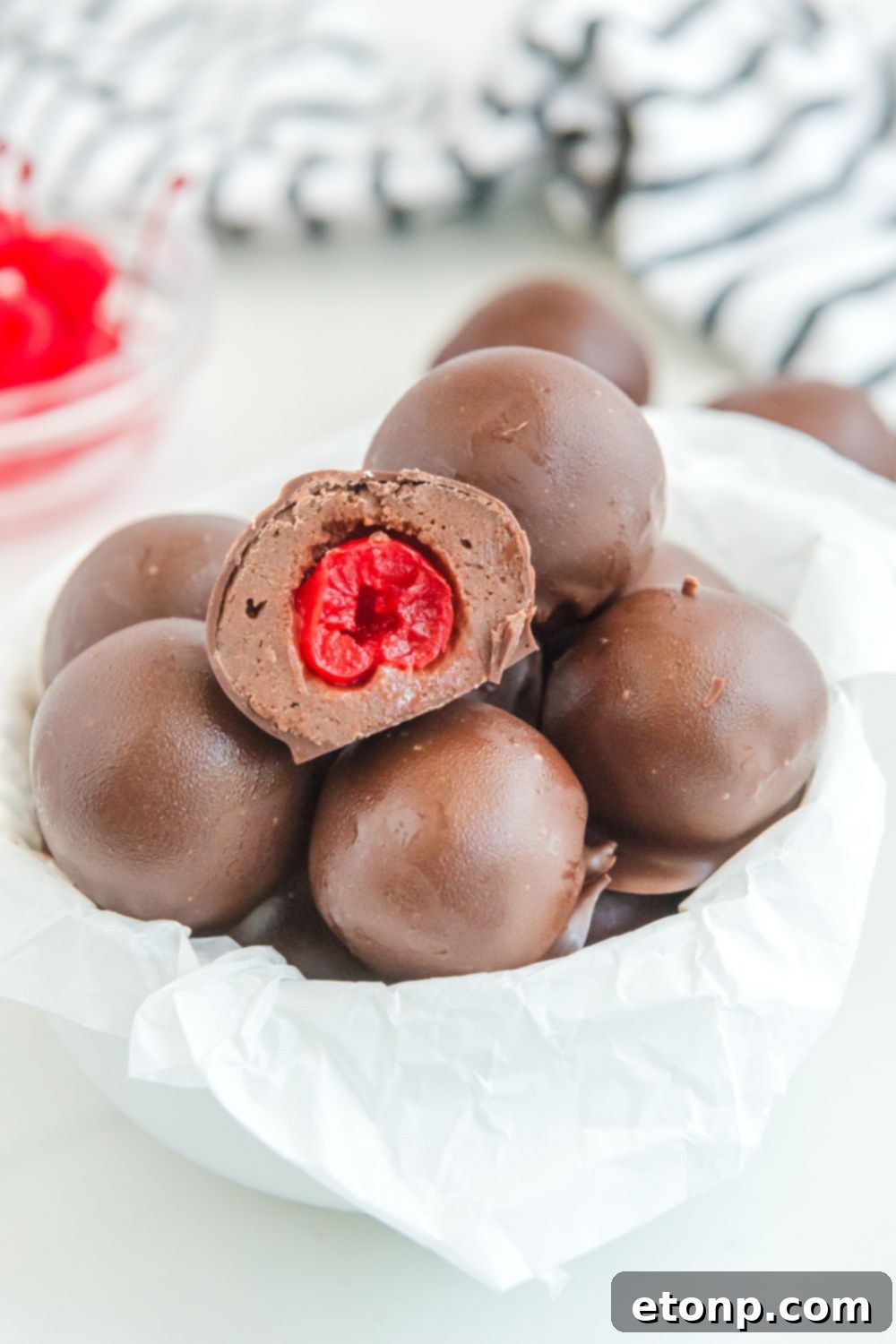 Fudgy Cherry Chocolate Bombs 20 Cherry Brownie Bombs in bowl with one cut in half to show cherry center