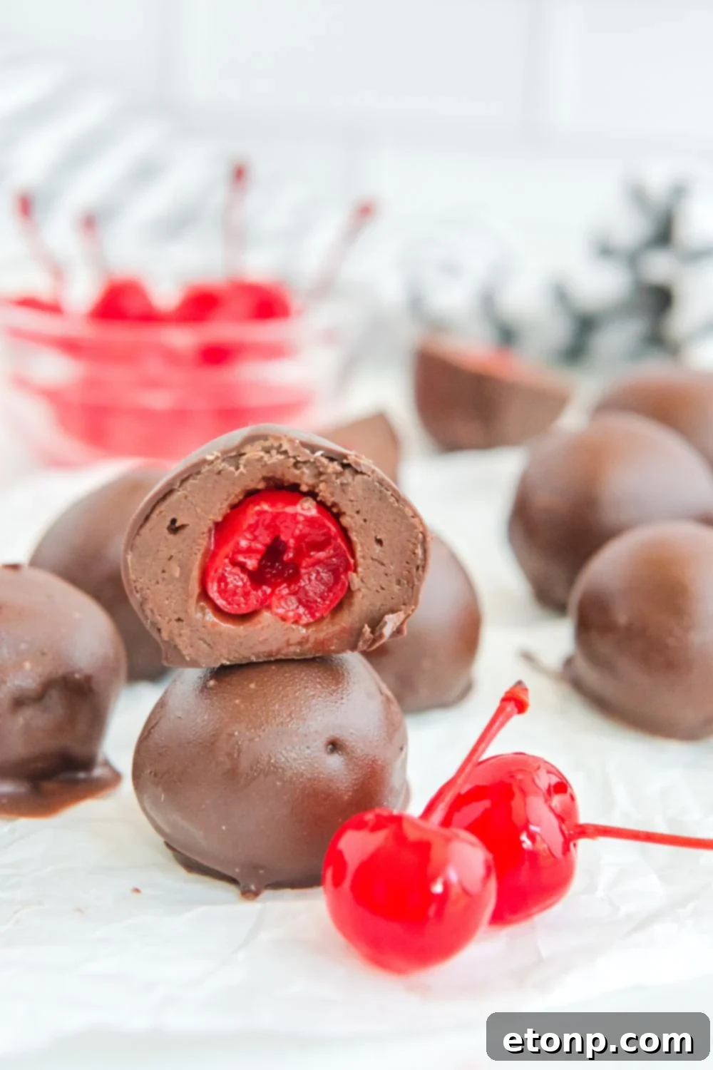 Fudgy Cherry Chocolate Bombs 23 Cherry Brownie Bites cut and stocked on counter