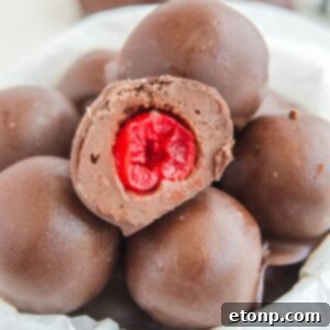 Fudgy Cherry Chocolate Bombs 25 Cherry Brownie Bombs in bowl with one cut in half