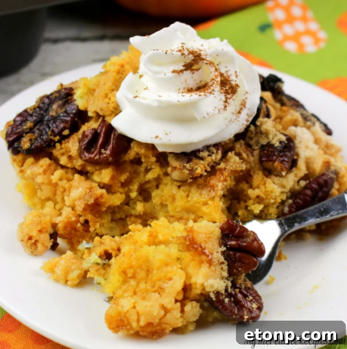 Simply Divine Pumpkin Pecan Dump Cake 15 A close-up of a slice of Pumpkin Pecan Dump Cake, showcasing its moist, fluffy texture and delicious layers.
