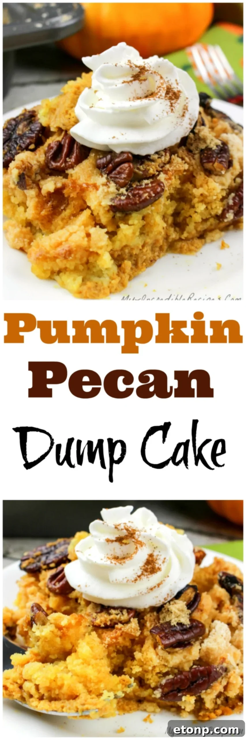 Simply Divine Pumpkin Pecan Dump Cake 19 Pinterest graphic promoting the Pumpkin Pecan Dump Cake recipe for sharing on social media.