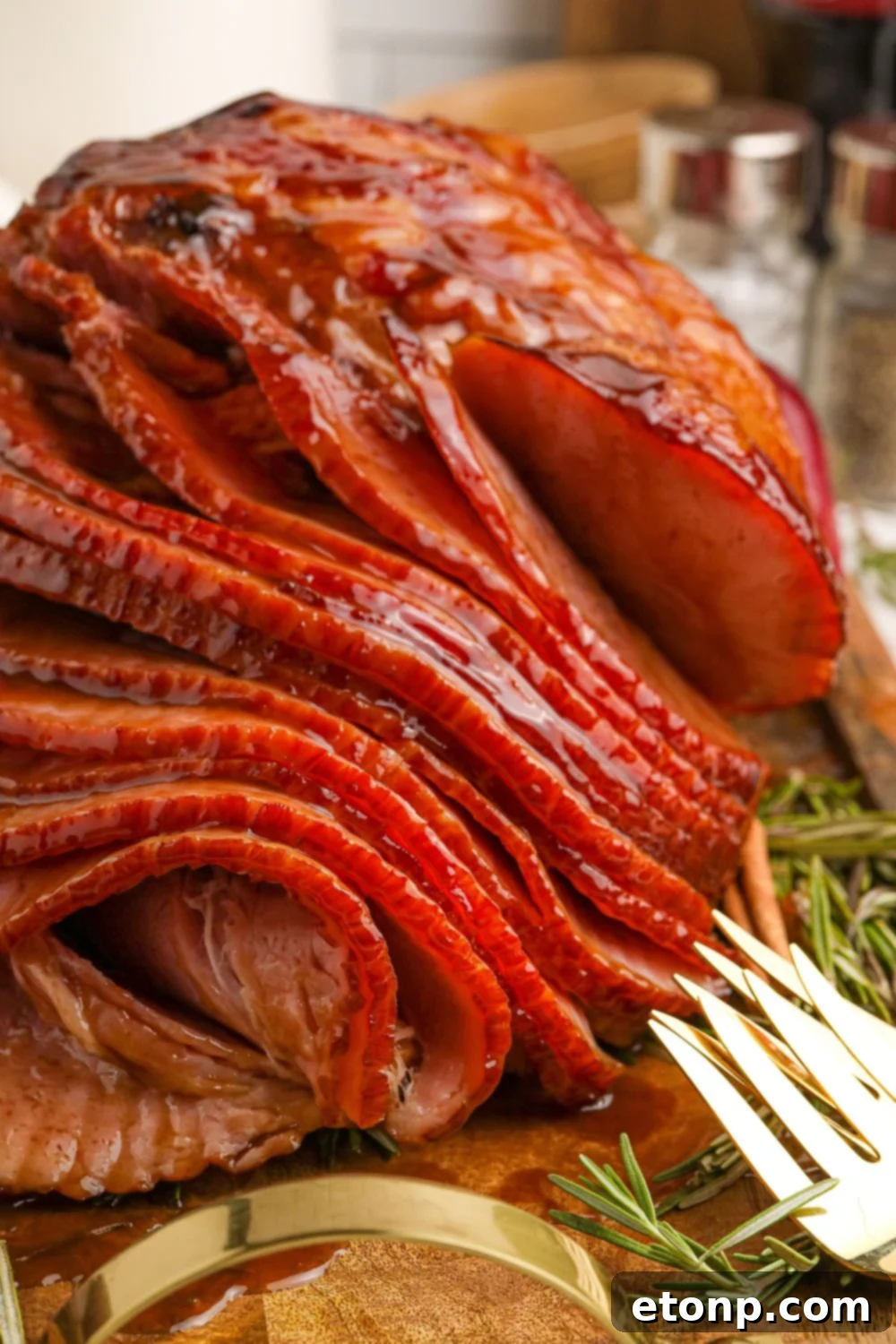 Dr. Pepper Glazed Ham 19 close up of spiral baked ham on tray