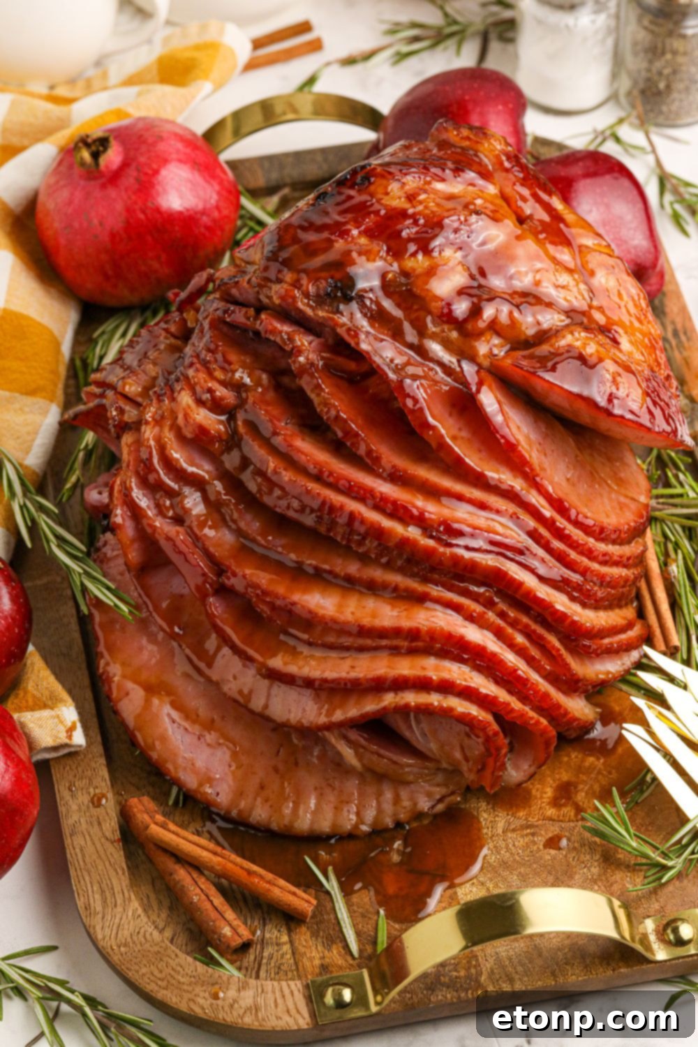 Dr. Pepper Glazed Ham 3 Dr. Pepper Ham on a cooking tray with decorations around it