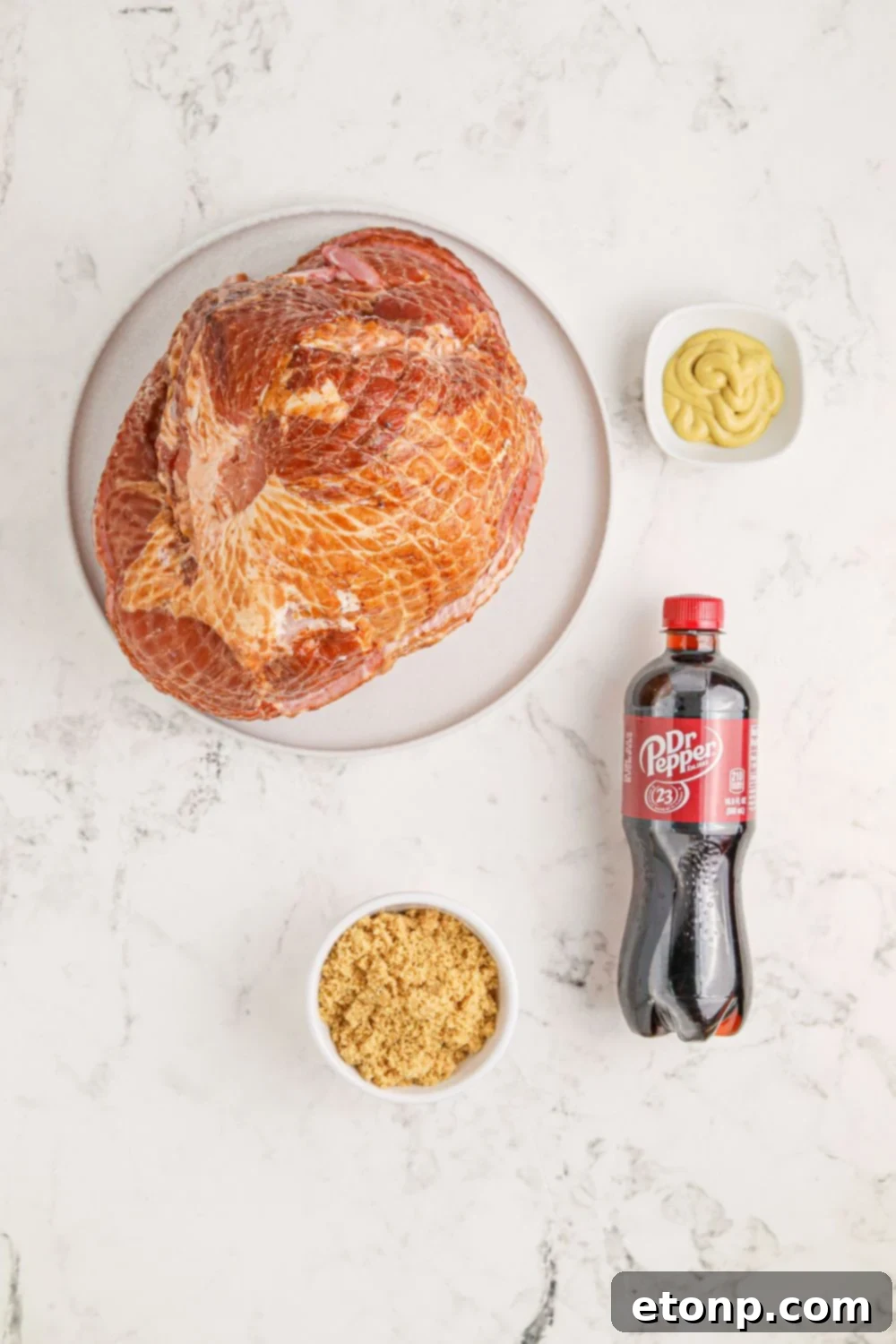 Dr. Pepper Glazed Ham 4 ingredients for ham on table in glass bowls