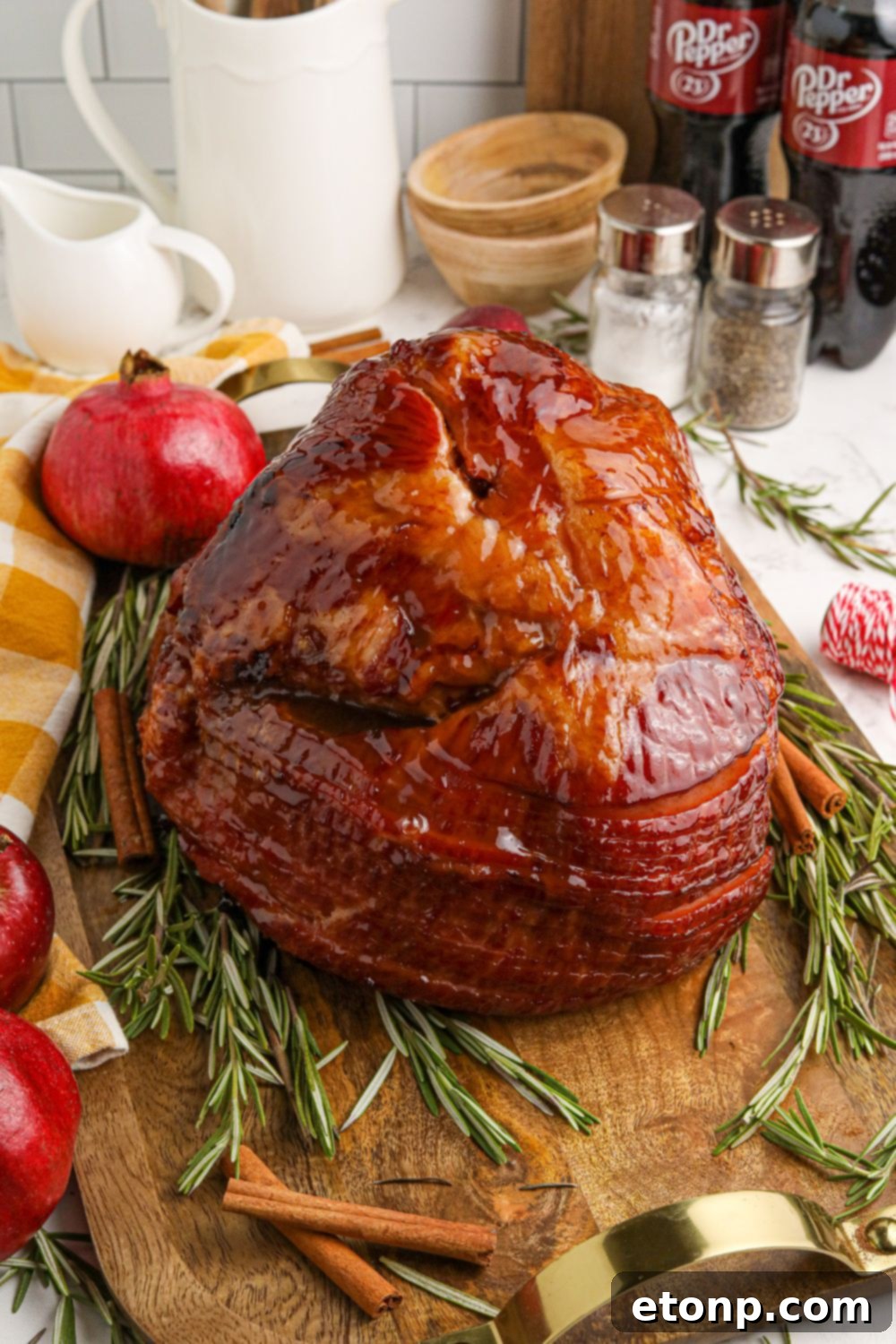 Dr. Pepper Glazed Ham 9 glazed ham on wooden serving tray