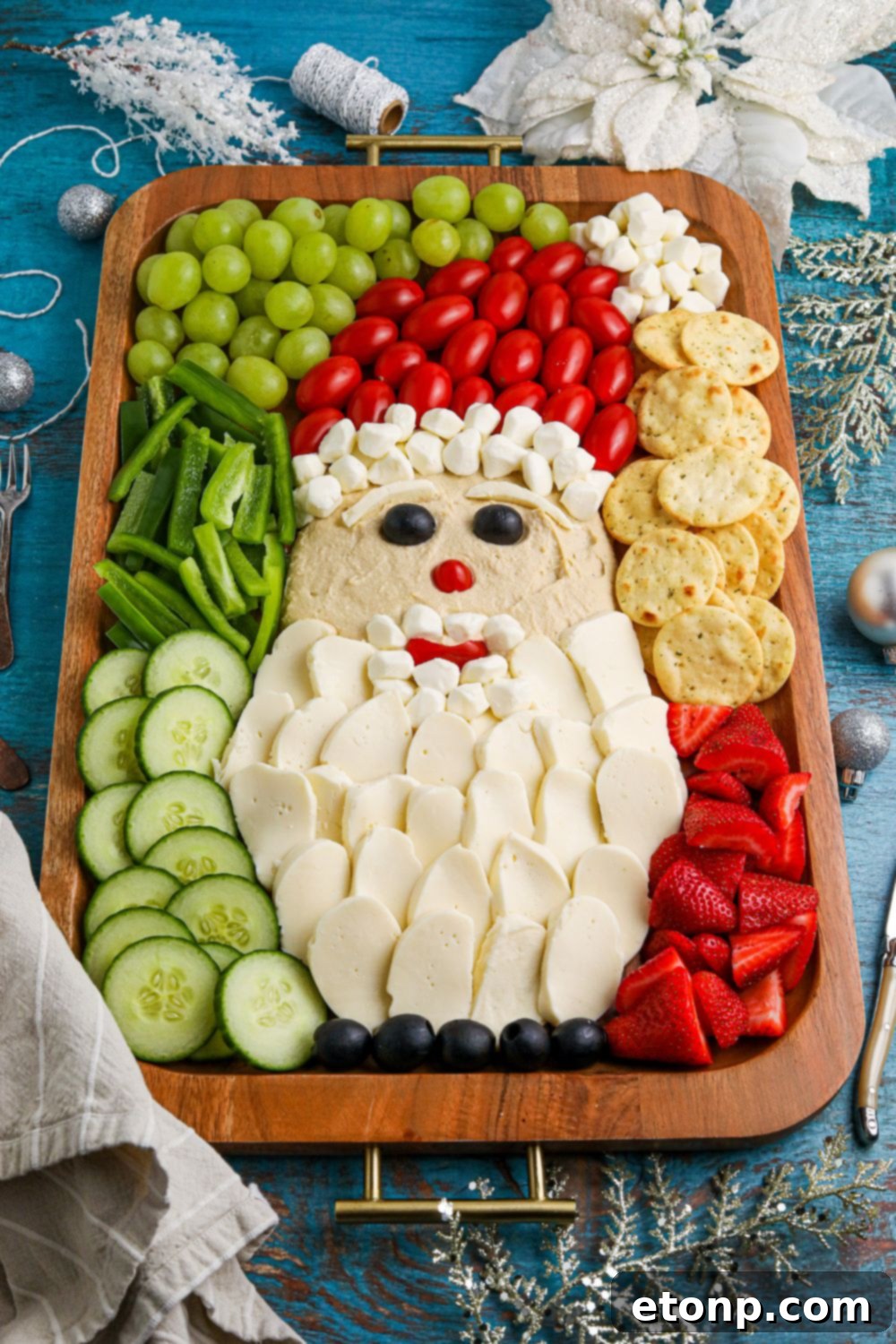 A side view of the Santa Snack Tray beautifully displayed on a table, ready for holiday entertaining.