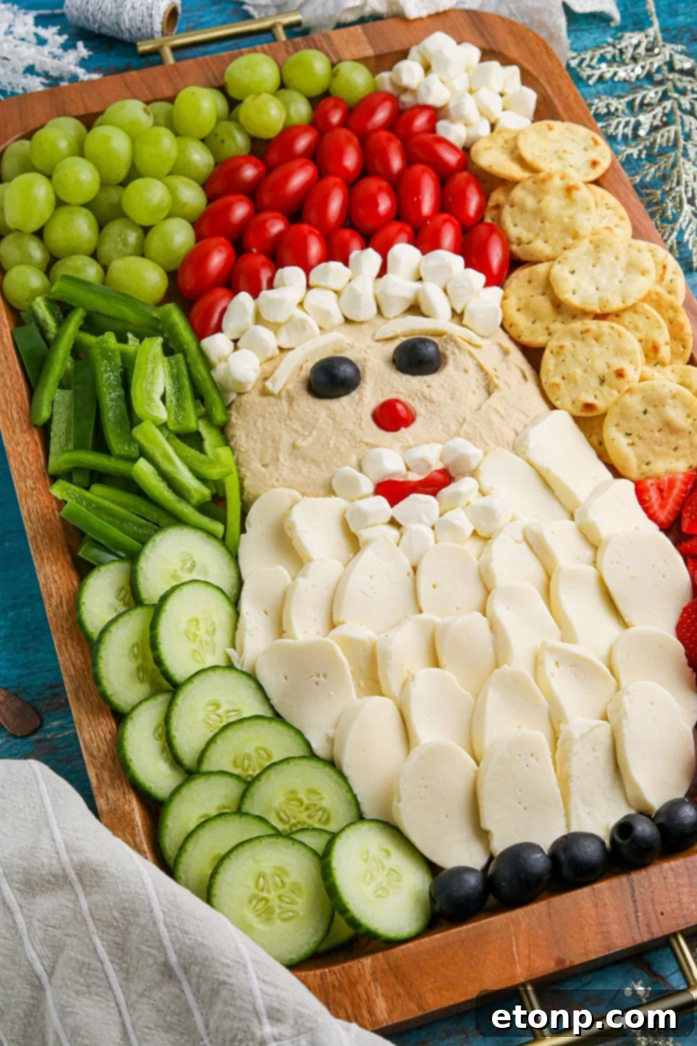 A close-up of the completed Christmas Santa Snack Tray, highlighting the intricate details.