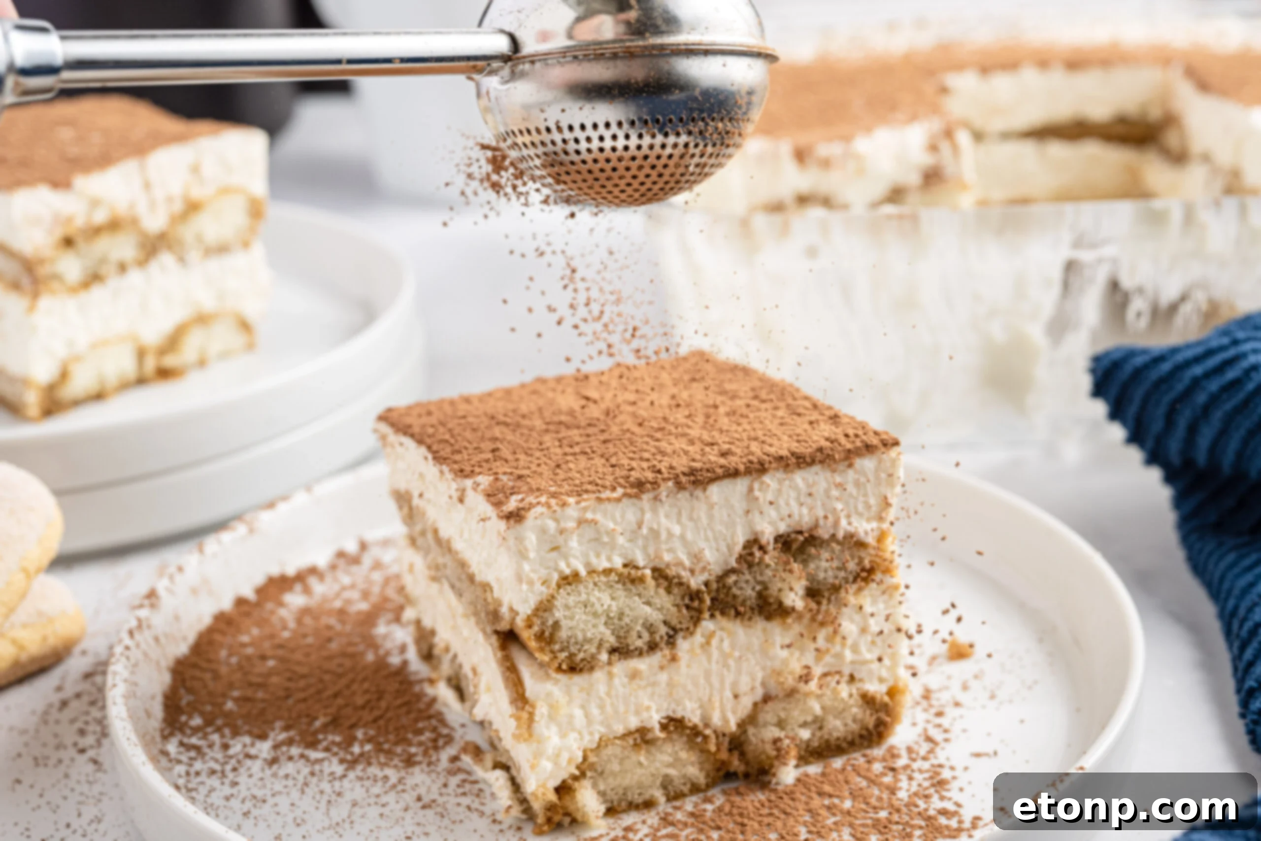 A close-up shot of the top layer of tiramisu, showcasing the rich cocoa powder dusting and the creamy texture beneath, inviting a taste.