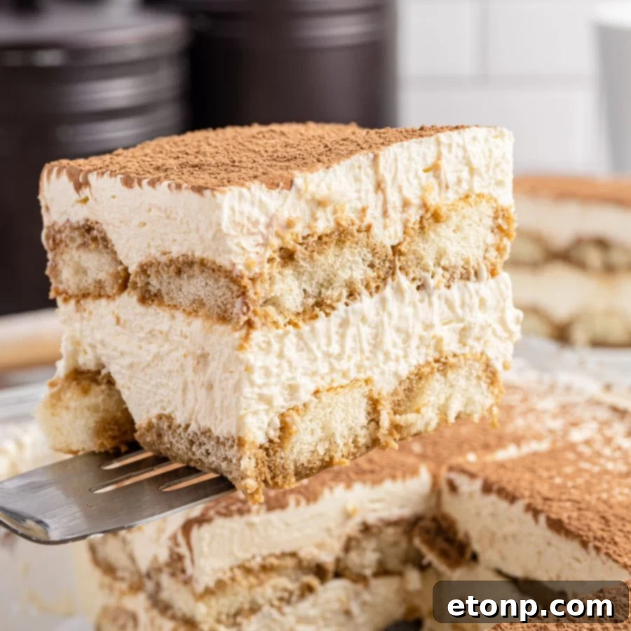 Another enticing image of a slice of tiramisu being gently lifted from the pan with a spatula, emphasizing its perfect layers and readiness for serving.